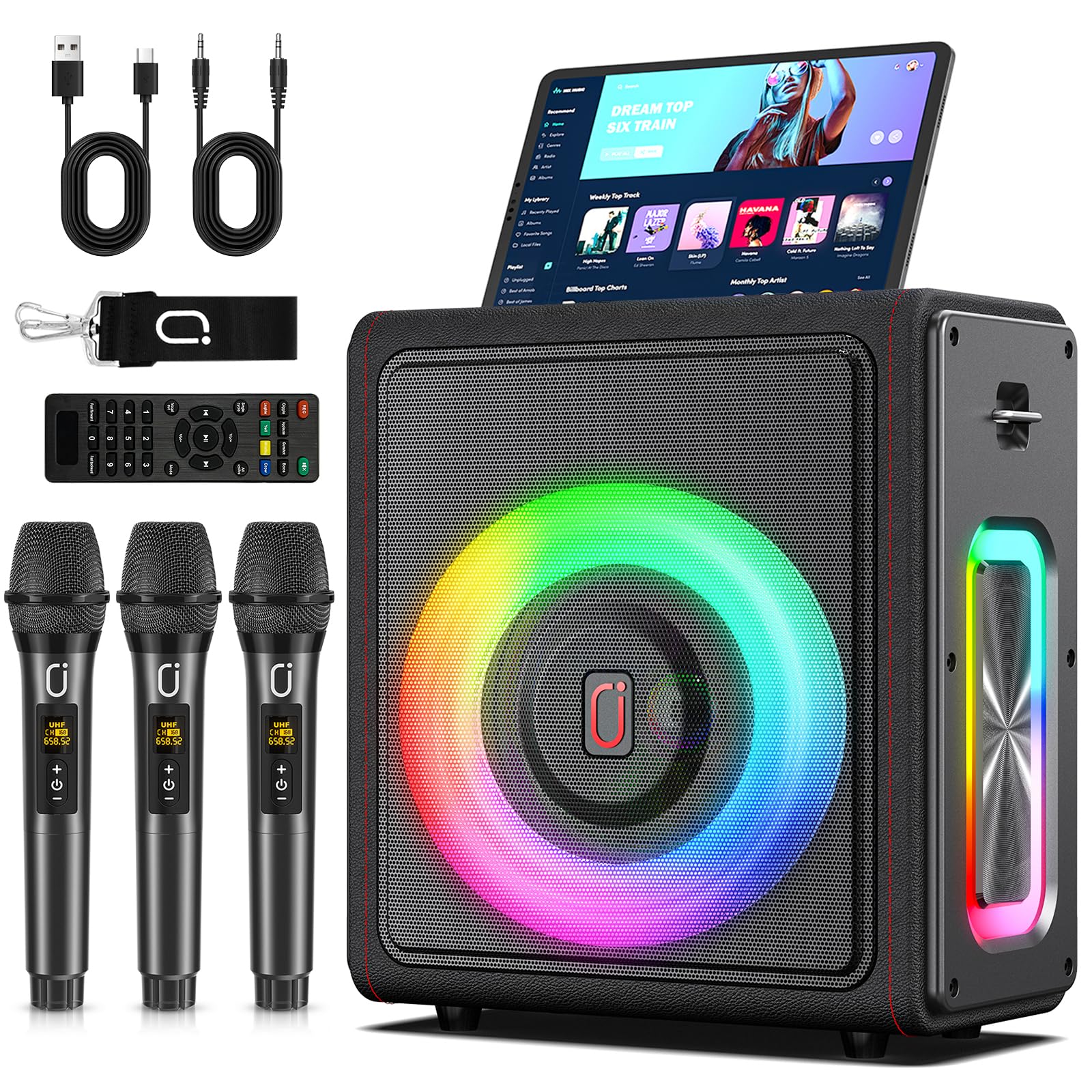 Amazon | カラオケマシン、大人向けワイヤレスマイク3本付きポータブル