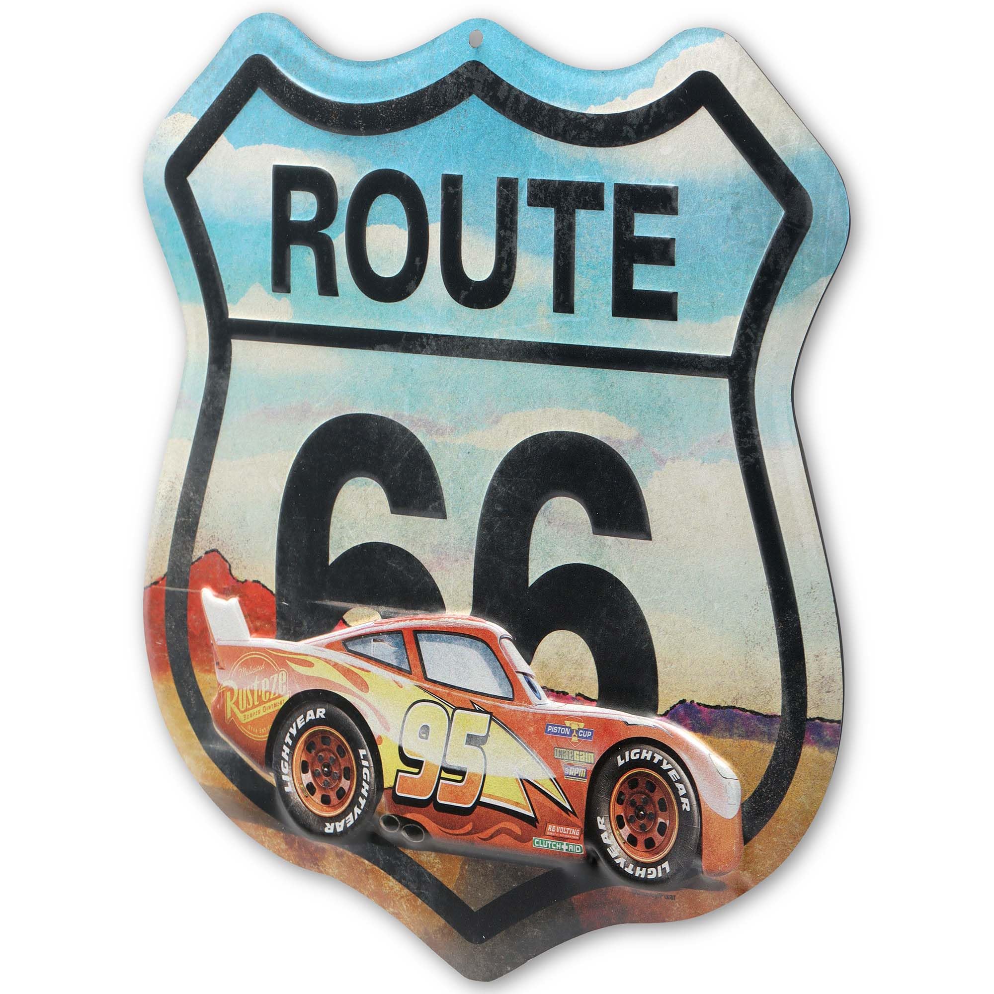 Disney Pixar Cars Saetta McQueen Route 66 Targa in metallo goffrata | Iconic Route 66 Decorazione da parete per camera da letto o garage