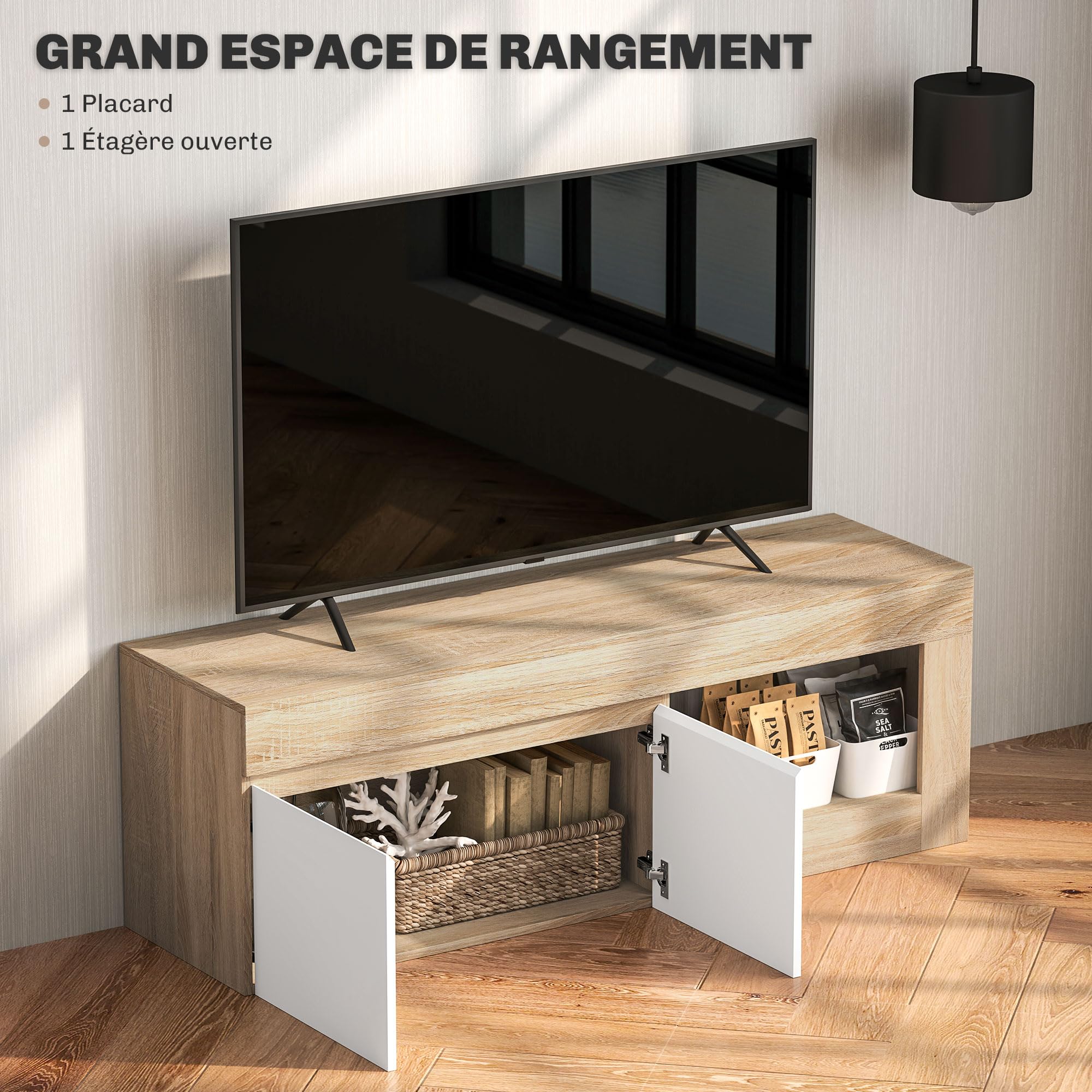 HOMCOM Meuble TV 140 cm, Meuble Télé pour Téléviseur jusqu'à 60 Pouces avec 2 Portes à Fermeture Douce et Compartiment Ouvert, Banc TV Moderne pour Salon, Chambre à Coucher, Effet Bois Naturel