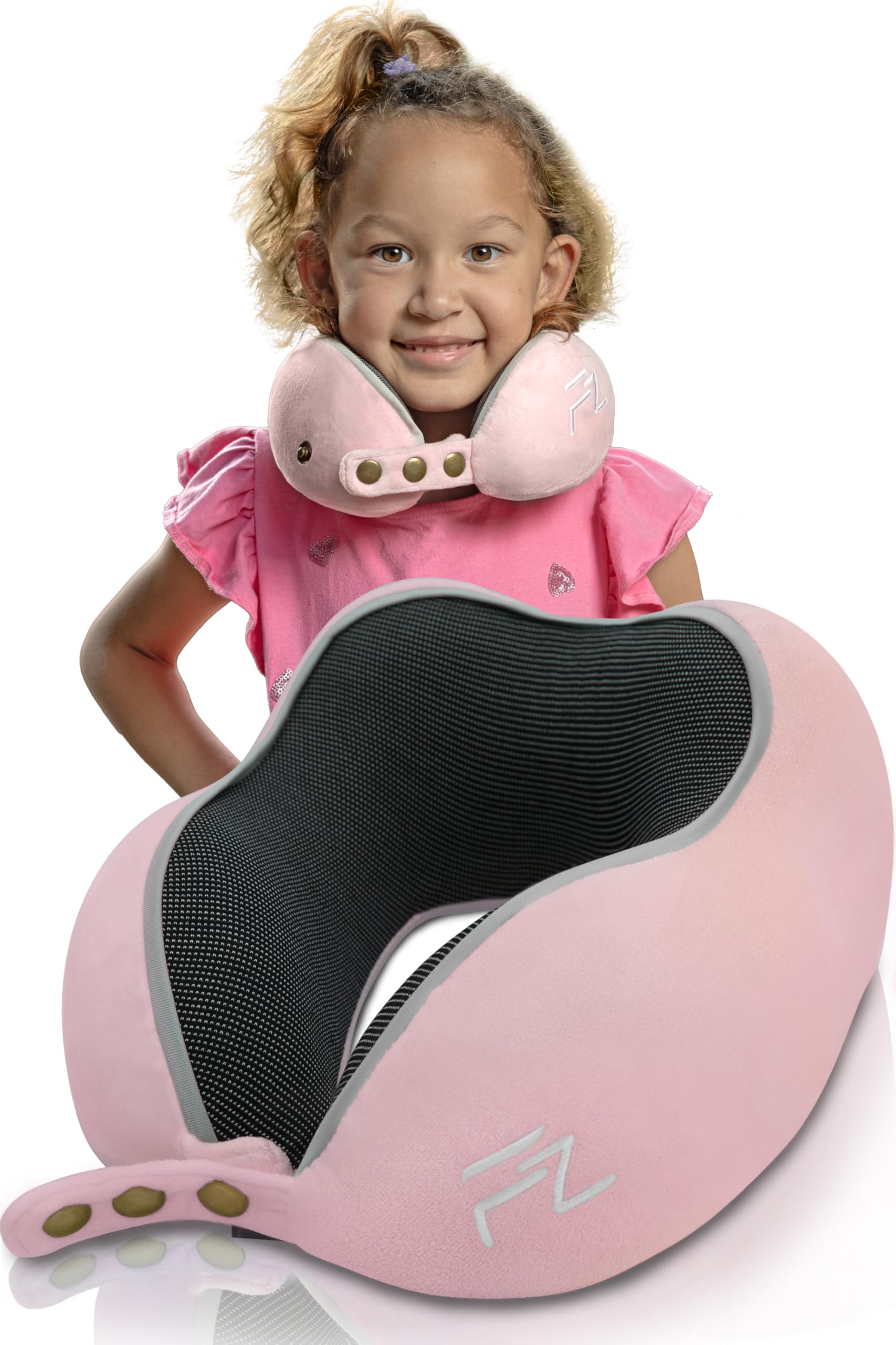 FLOWZOOM Nackenkissen für Kinder ab 3 Jahre - auch für Kindersitz geeignet - einstellbares Memoryfoam Kids-Reisekissen Auto mit weichem & waschbarem Bezug - inkl. Beutel - Rosa, Größe S (ab 3 J.)