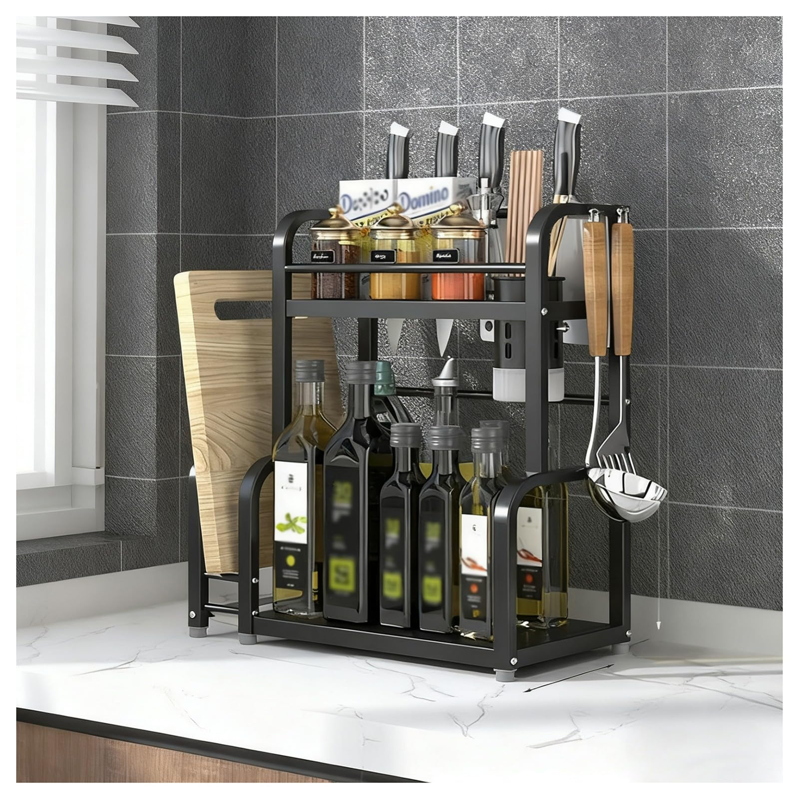 TIANQIHAO Stainless Steel Spice Rack For Kitchen, Large Standing Storage Tray With Hooks And Utensil Holders, Nizer For Pantry And Bathroom,2 Tier-30cm/11.8in