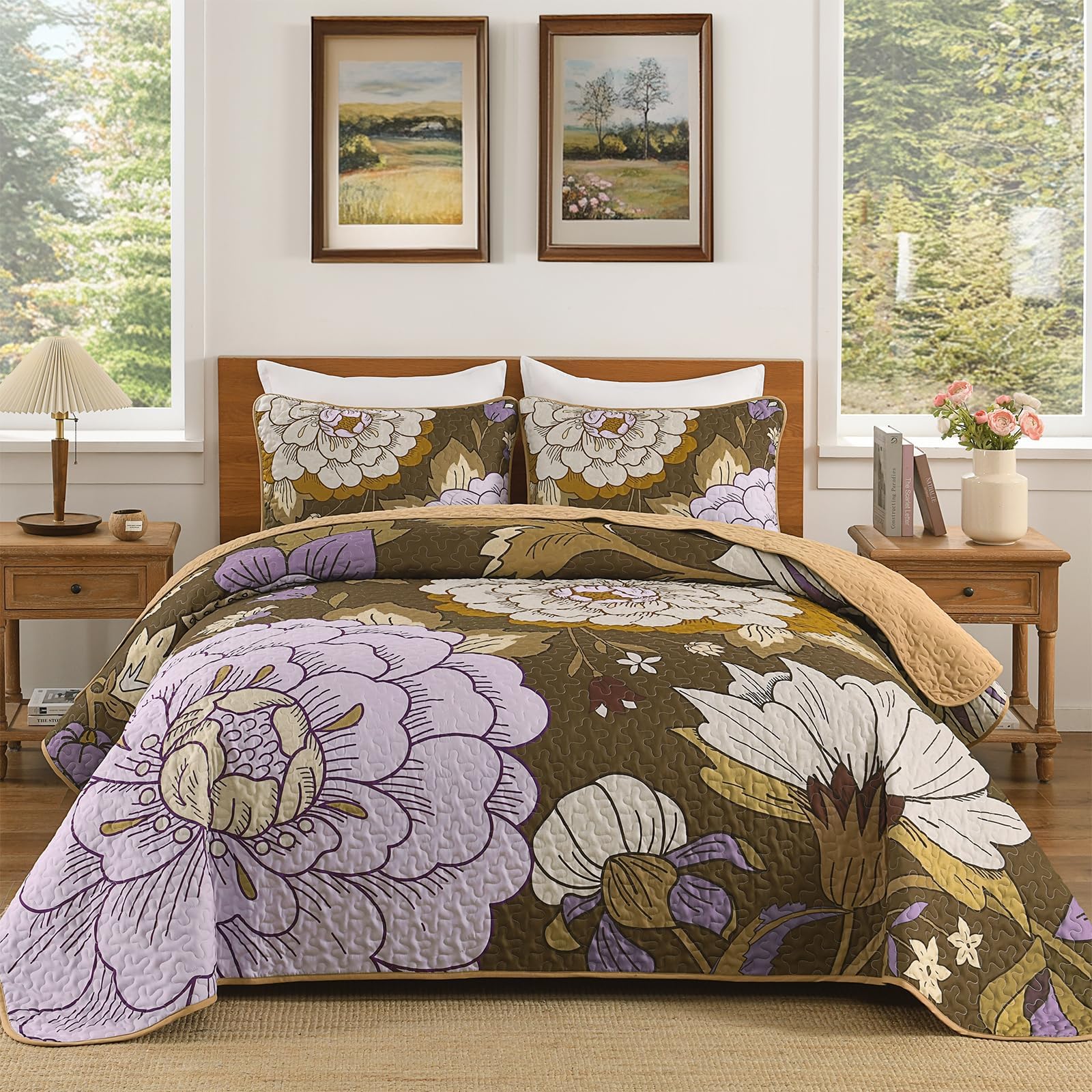 Brown Quilt Set Queen Size 3 Pieces Floral Boho Bedspread Coverlet Set, Soft Microfiber Farmhouse Floral Quilted Bedding Set Reversible Bed Cover for All Season, 96''x90''