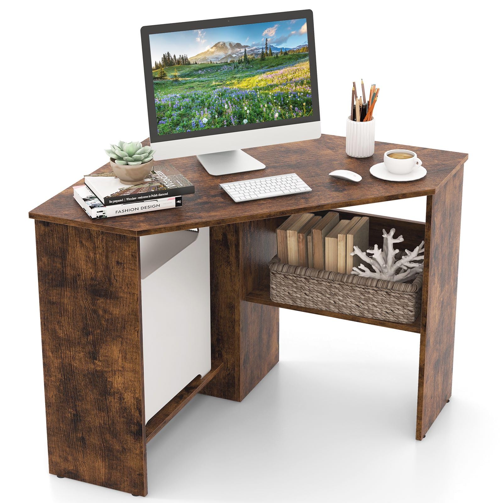 SFAREST Corner Computer Desk with Shelves, 90° Triangle Wooden Study Writing Table Cable Management Holes, Space Saving Compact Study Workstation for Bedroom Living Room Office (Brown)