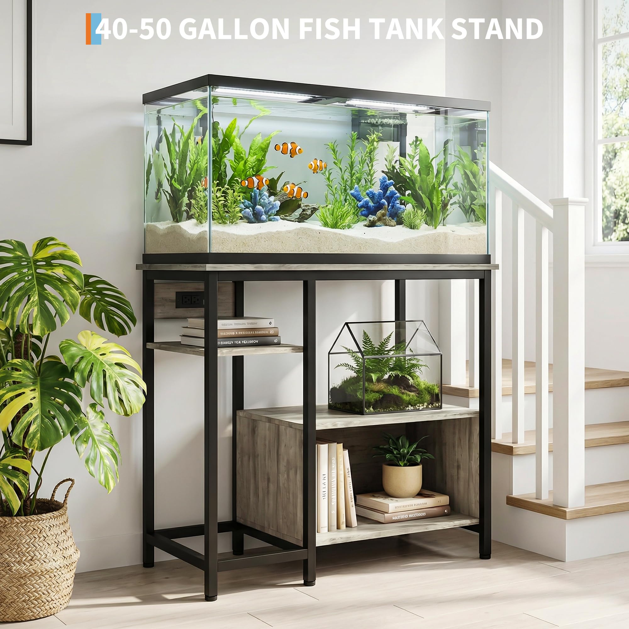 Garvee Aquariumständer mit Steckdosen für 40-50 Gallonen, stabiler Metall & Holz Aquarium Unterschrank mit 4 offenen Ablagen, hohe Tragkraft, verstellbare Füße