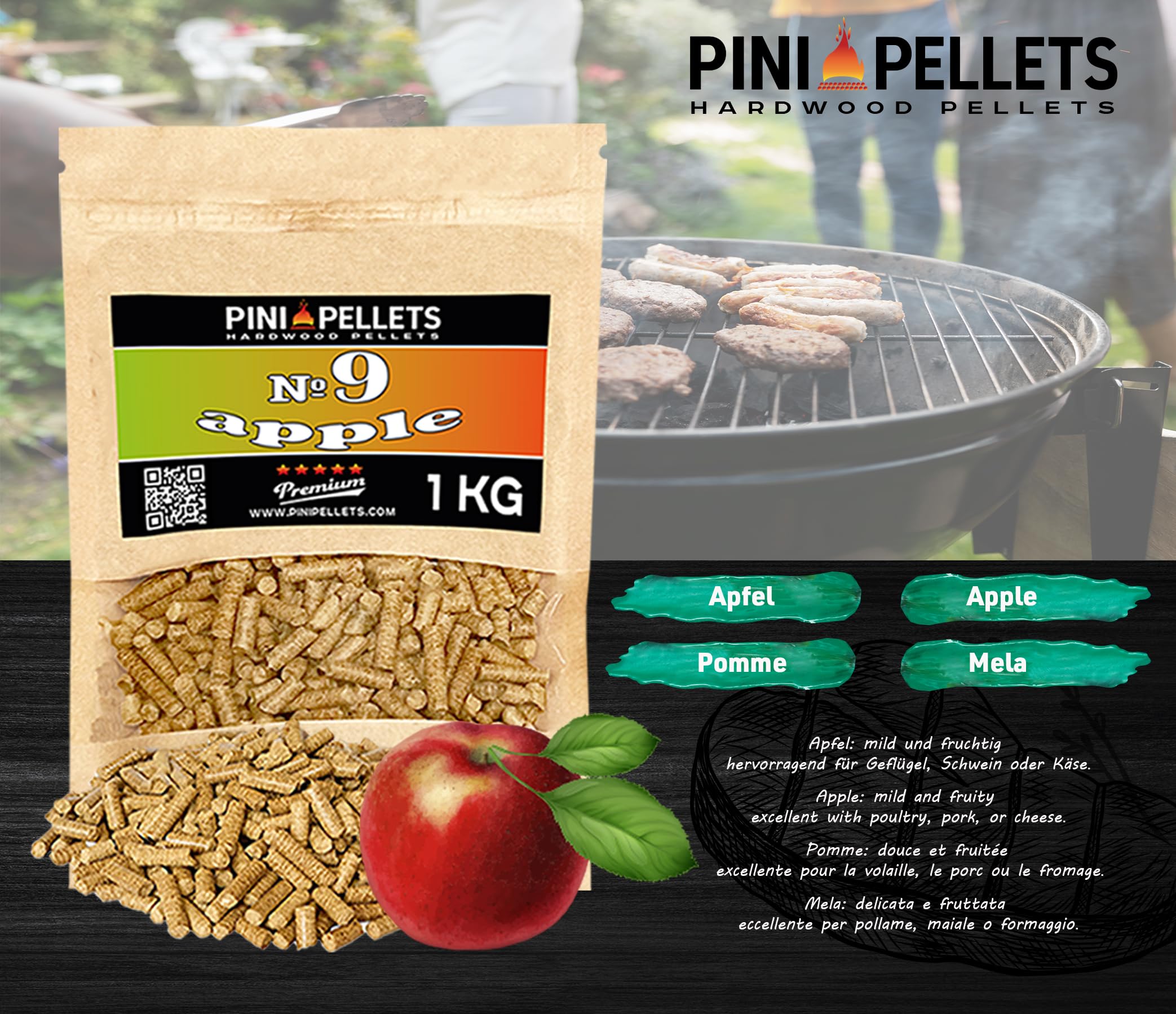 PINI Lot de 4 granulés de bois naturel pour fumoir, 1 kg, au choix parmi 4 variétés, granulés de hêtre n° 5, granulés de cerise n° 8, granulés de pomme n° 9, granulés d'aulne n° 11 – Bois pur de