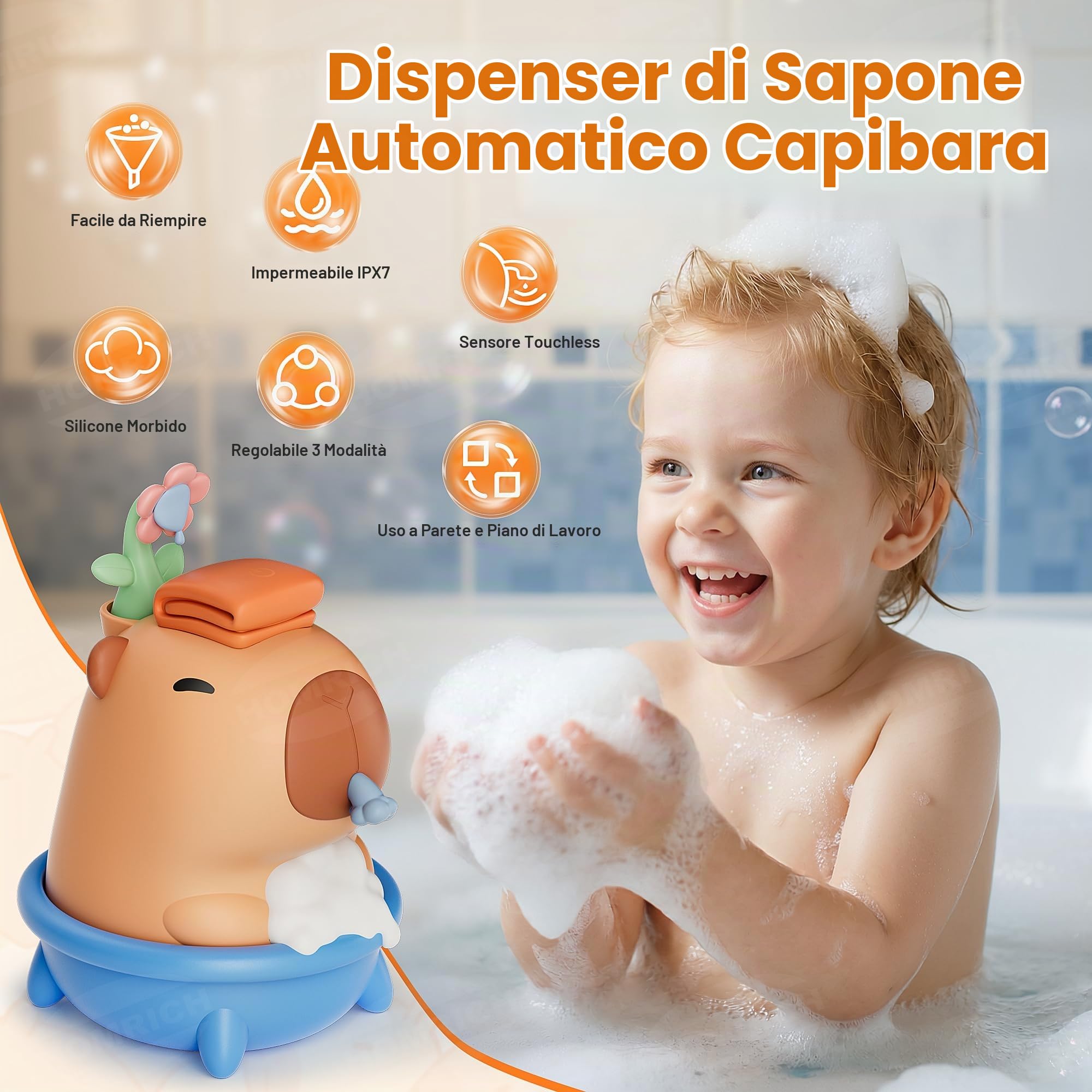 Homrich Capybara - Dispenser automatico di sapone, con sensore touchless, in silicone, regolazione della schiuma a 3 livelli, 280 ml, dispenser impermeabile ricaricabile IPX7 per bagno, regalo per