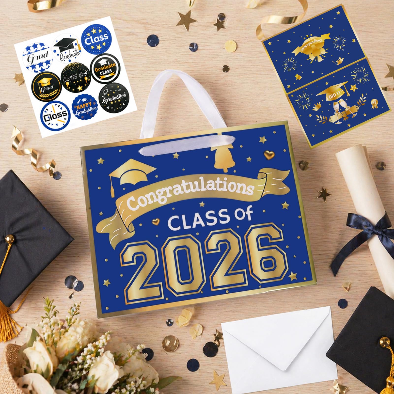 Konsait 13" Large Graduation Gift Bags, Blue Class of 2026 Graduation Bags with Tissue Paper and Greeting Card for Gift Wrapping, Celebrations, Parties & More