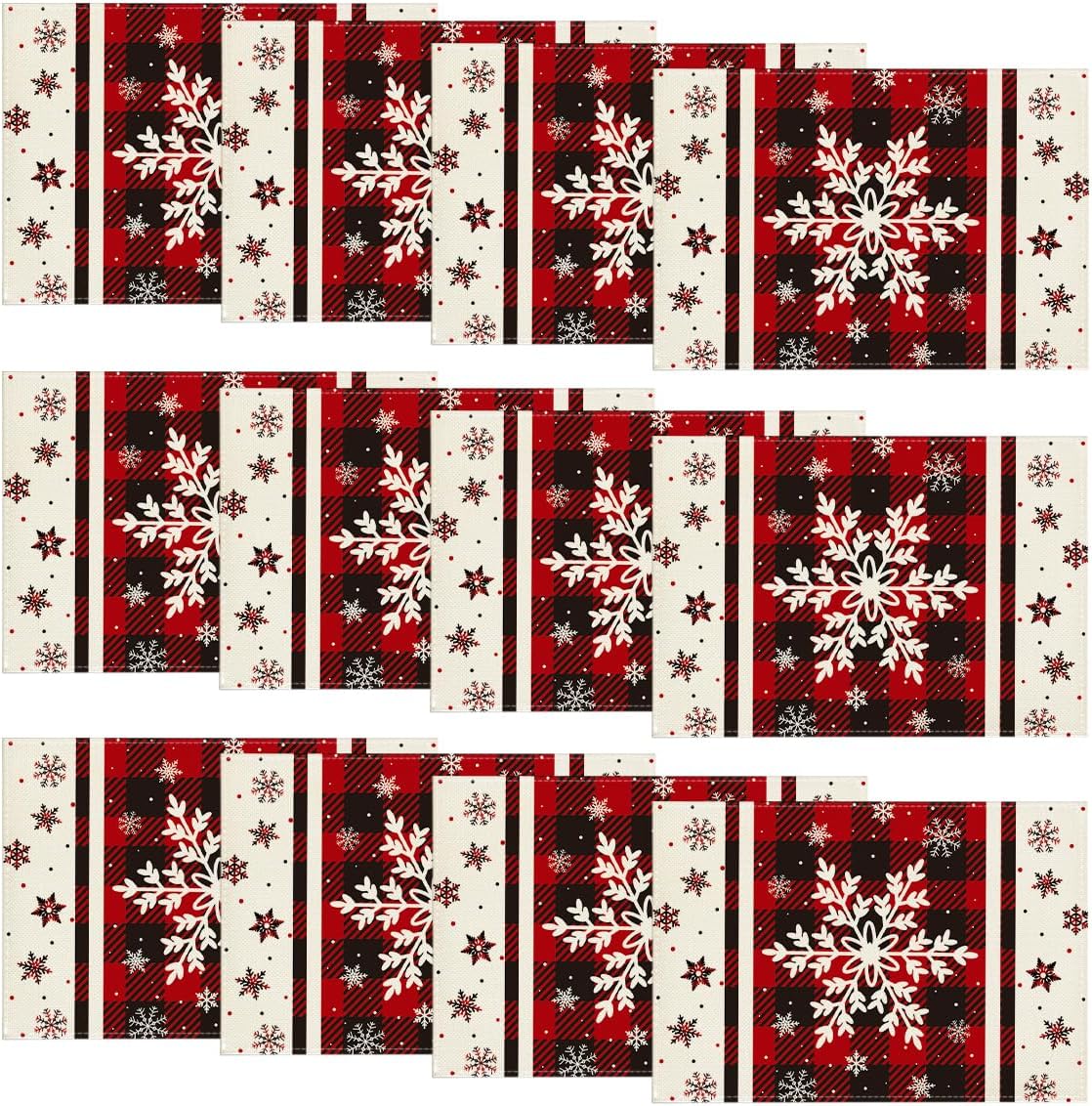Artoid Mode Buffalo Plaid Snowflakes Winter Placemats Set of 12, 12x18 Inch Christmas Table Mats for Party Kitchen Dining Decoration