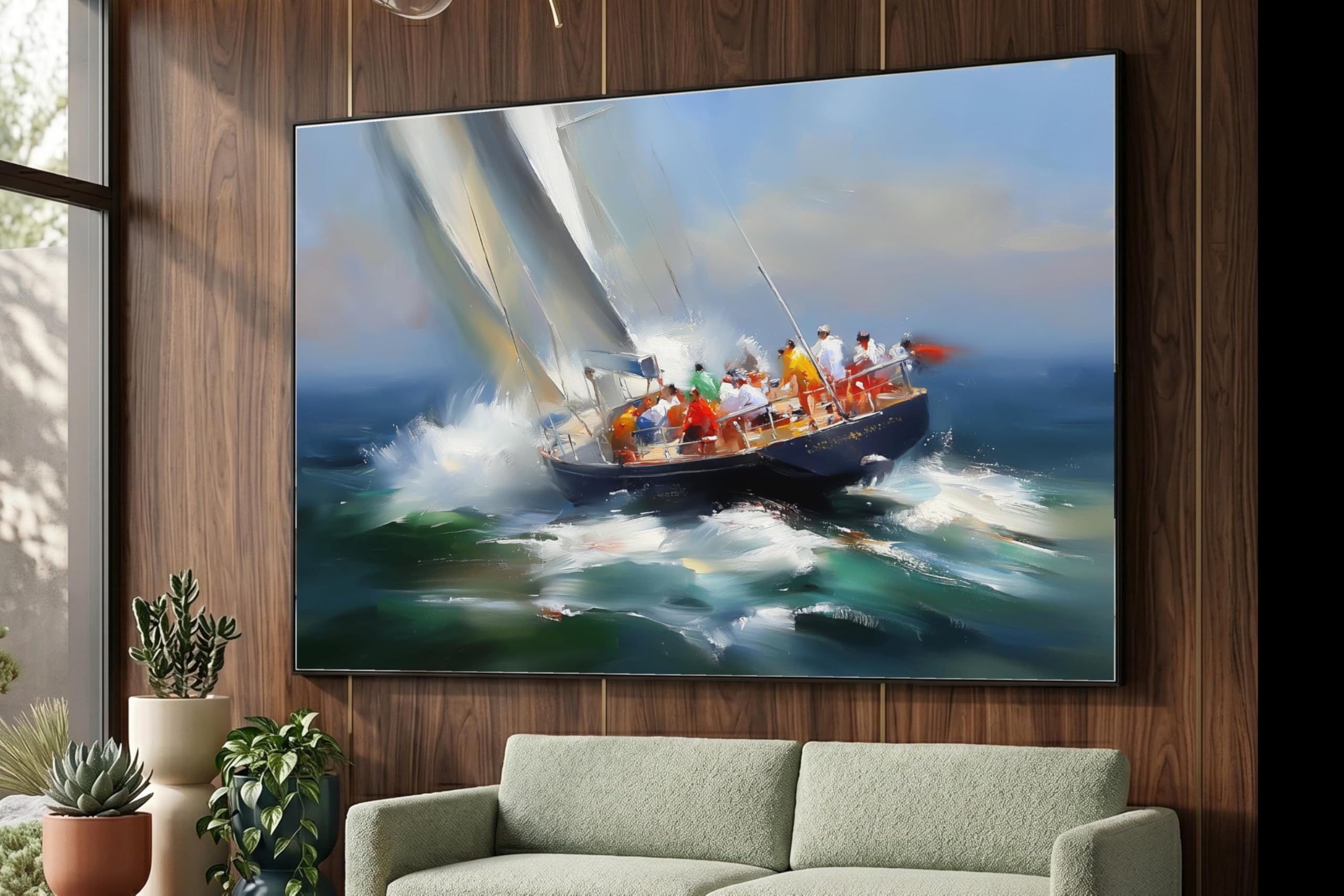 XBTYKPB Sailing Race Canvas Wall Art, Ocean Waves Sailboat Painting, Nautical Adventure Scene, Marine Sports Decor, Wall Art(70x100cm/Frameless)