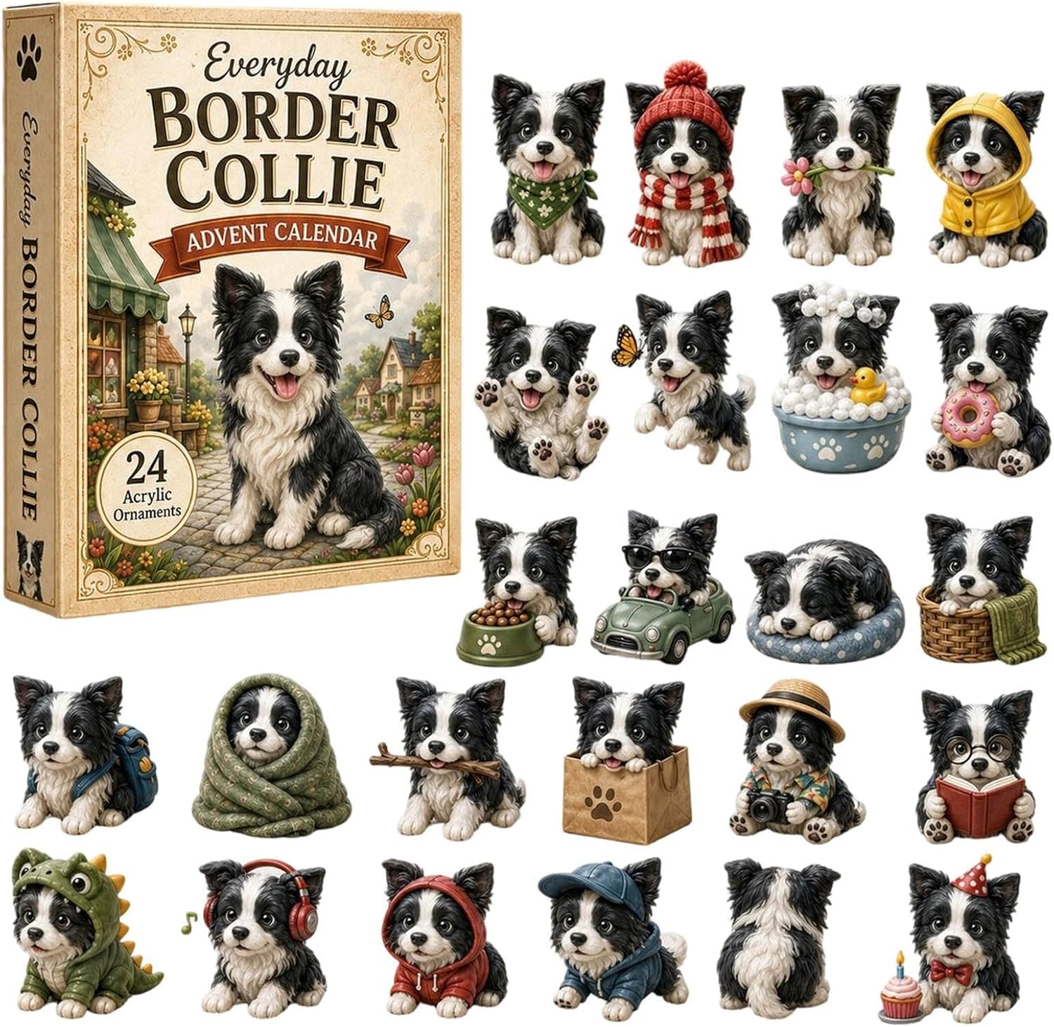 Christmas Border Collie Advent Calendar 2026 with 24 Acrylic Ornaments