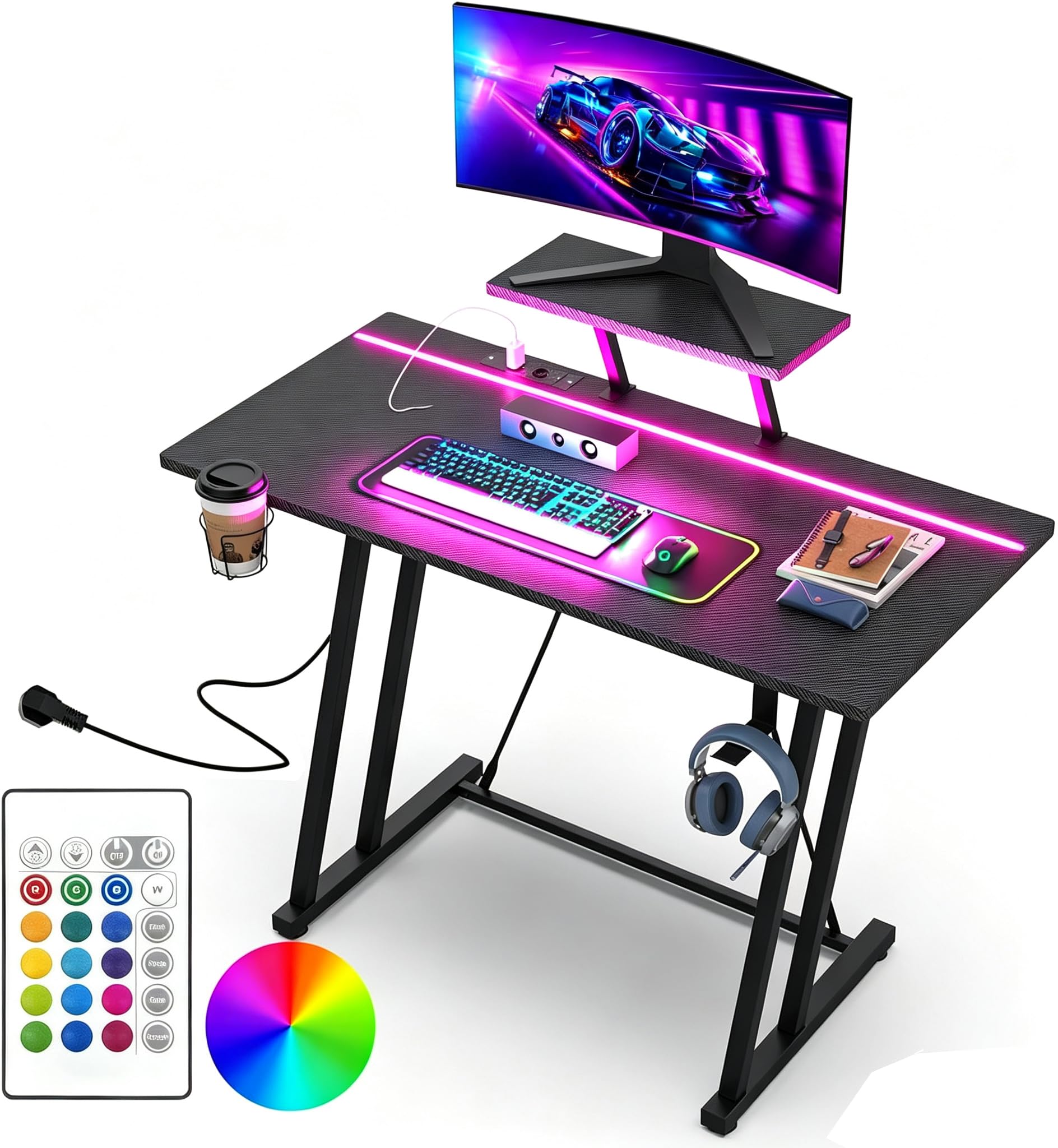 Mesa Gaming LED 100x50 cm, Escritorio Gaming con Tomas de Corriente y Luces LED
