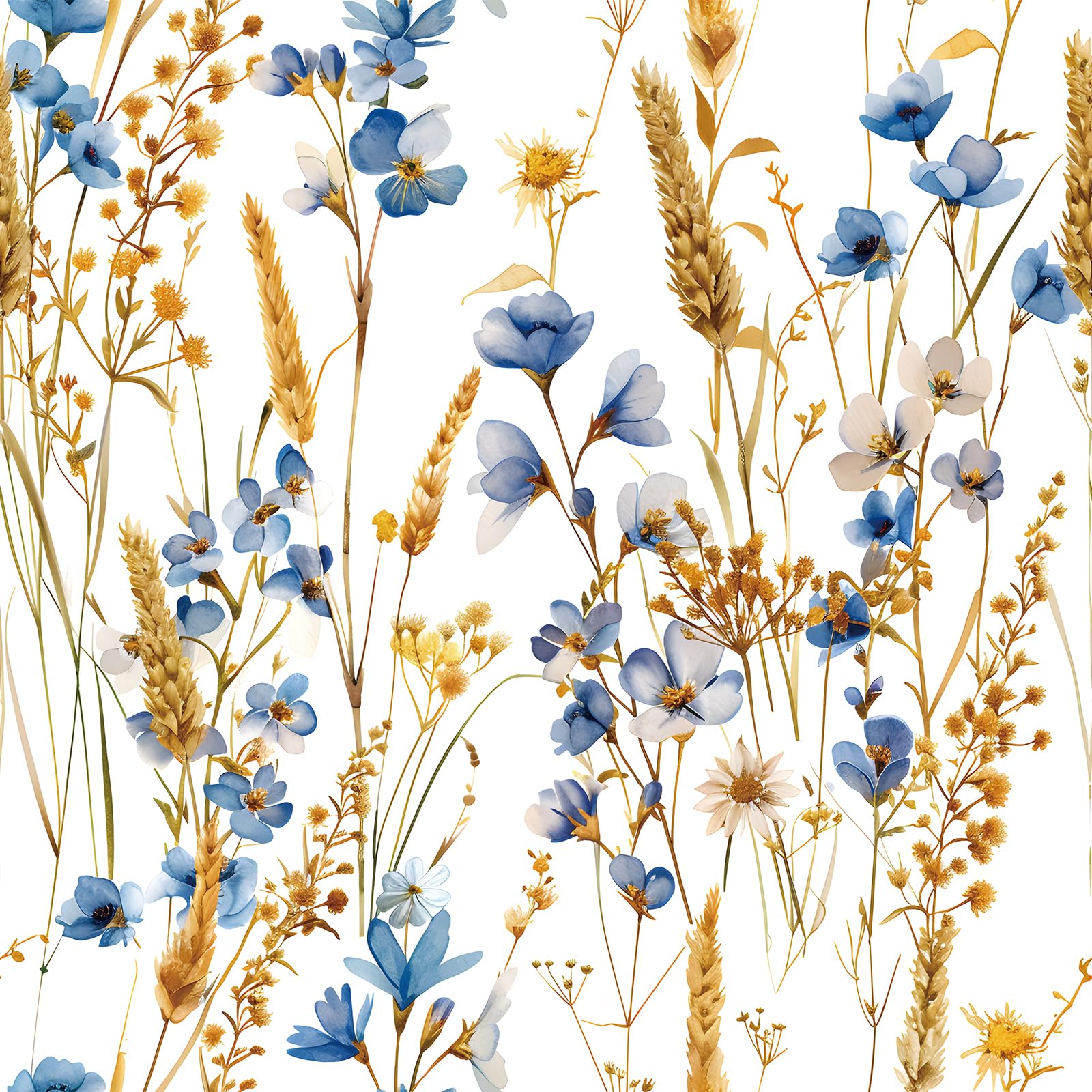 FunStick 44.5CMx9M Papel Pintado Floral Blanco Pared Dormitorio Trigo Otoñal y Flores Silvestres Impermeable Papel Adhesivo para Muebles Baño Blanco Azul Dorado Vinilo Adhesivo Flores Muebles Armario