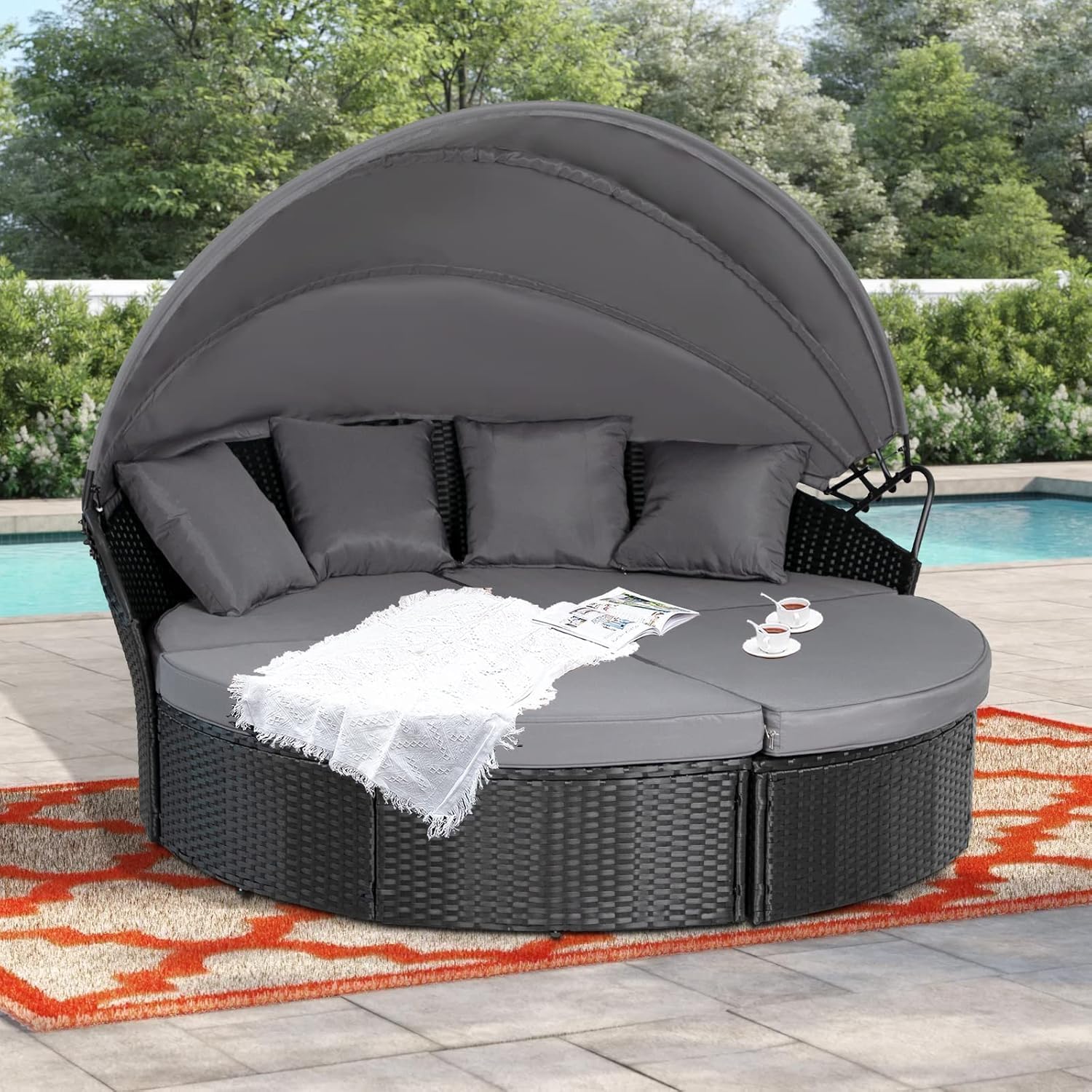 SUNCROWN Outdoor Patio Round Daybed with Retractable Canopy, Black Wicker Furniture Sectional Couch with Washable Cushions, Backyard, Porch