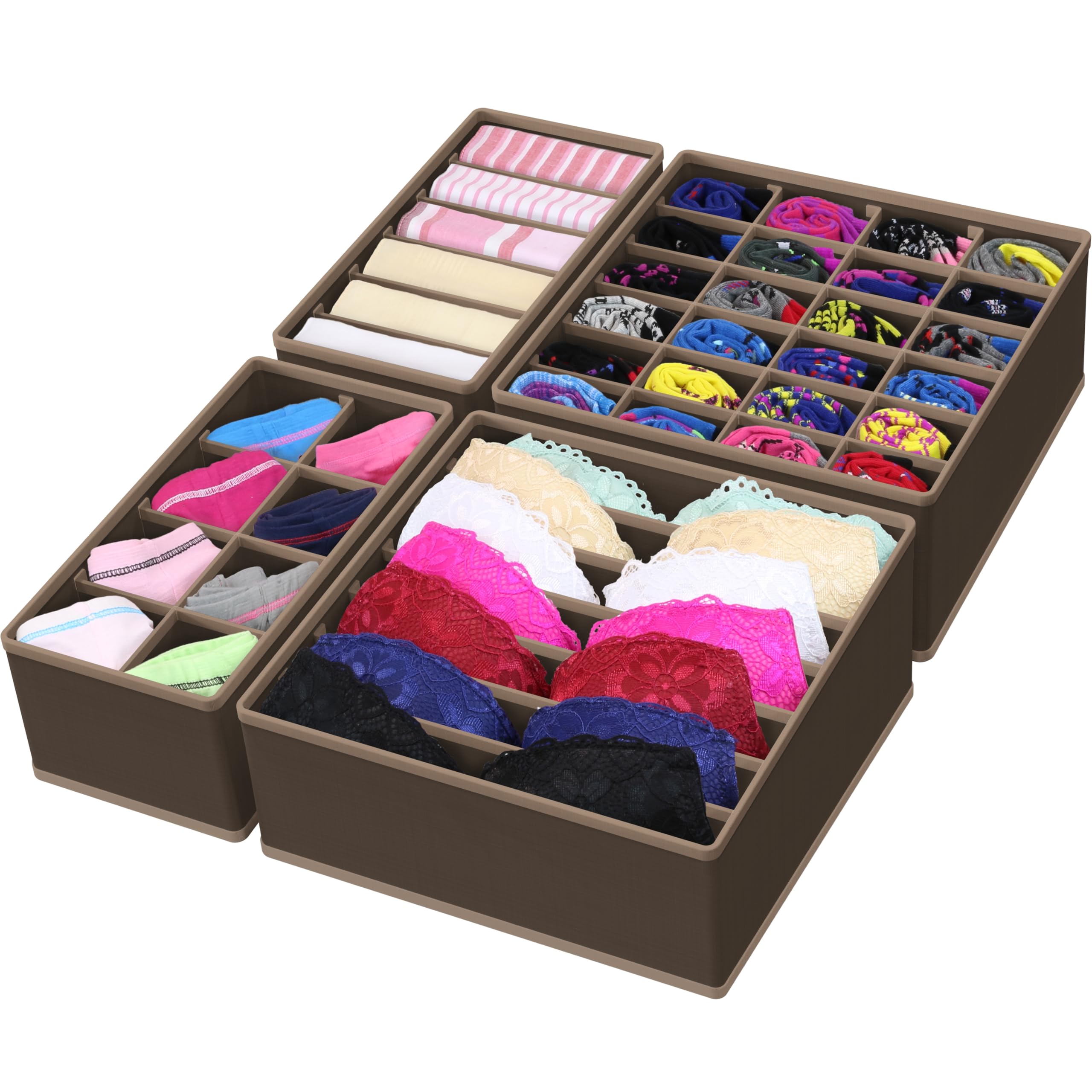 Simple Houseware 4-Pack Drawer Organizer Set - Closet Dividers for Underwear, Socks, Bras, Scarves, Ties - Foldable Non-Woven Storage Boxes, Brown