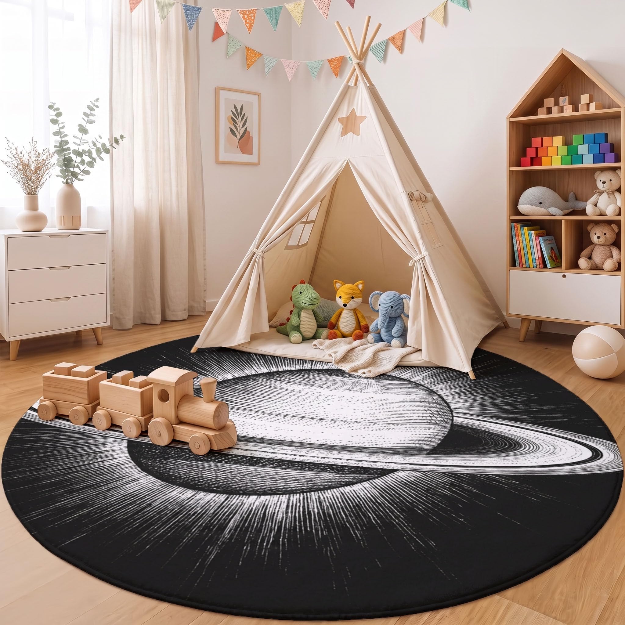 Tapis Rond Lavable Halo Saturn 180cm | Tapis Minimaliste Moderne Antidérapants Salon Lavable en Machine pour pour Salle à Manger, Entrée, Cuisine, Noir