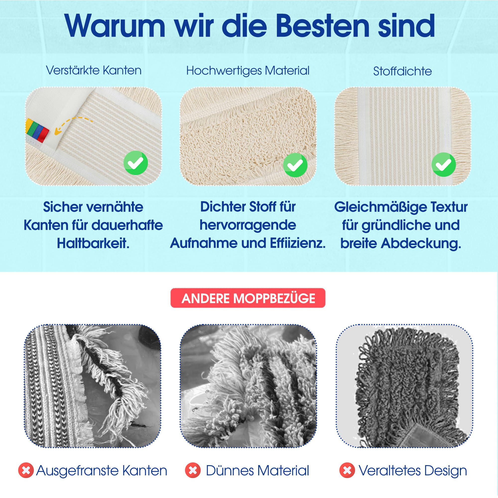 OKAEI Wischmop Set 50 cm – 10× Wischmopp‑Bezug Beige + Klapphalter & Alu‑Teleskopstiel – Bodenwischer‑Set für Trocken‑ & Nassreinigung