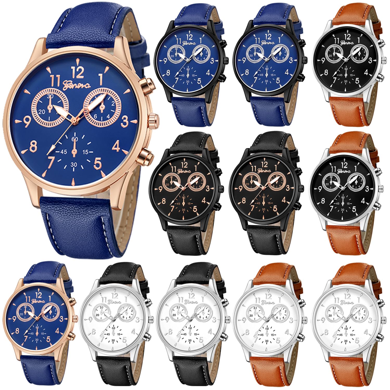 12 Stück Herren-Leder-Quarzuhr, Genf, lässiges Kleid, Armbanduhren, Großhandels-Set, Uhren für Herren, Großhandel