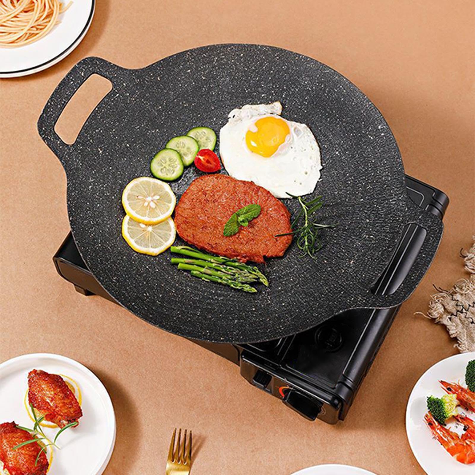 Padella Coreana per Griglia Utensili Da Barbecue Portatili | Padella In Ghisa Con Rivestimento Antiaderente Pennello Guanti Pinze Per Induzione, Fornello, Bistecca, Pesce, Verdure,
