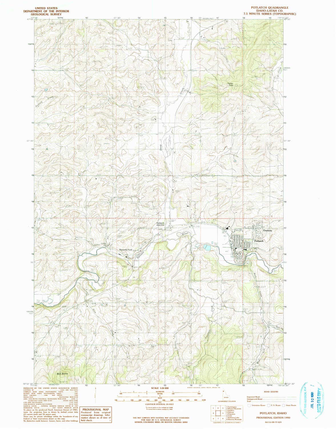 YellowMaps Potlatch ID topo map, 1:24000 Scale, 7.5 X 7.5 Minute, Historical, 1990, Updated 1991, 26.8 x 21 in