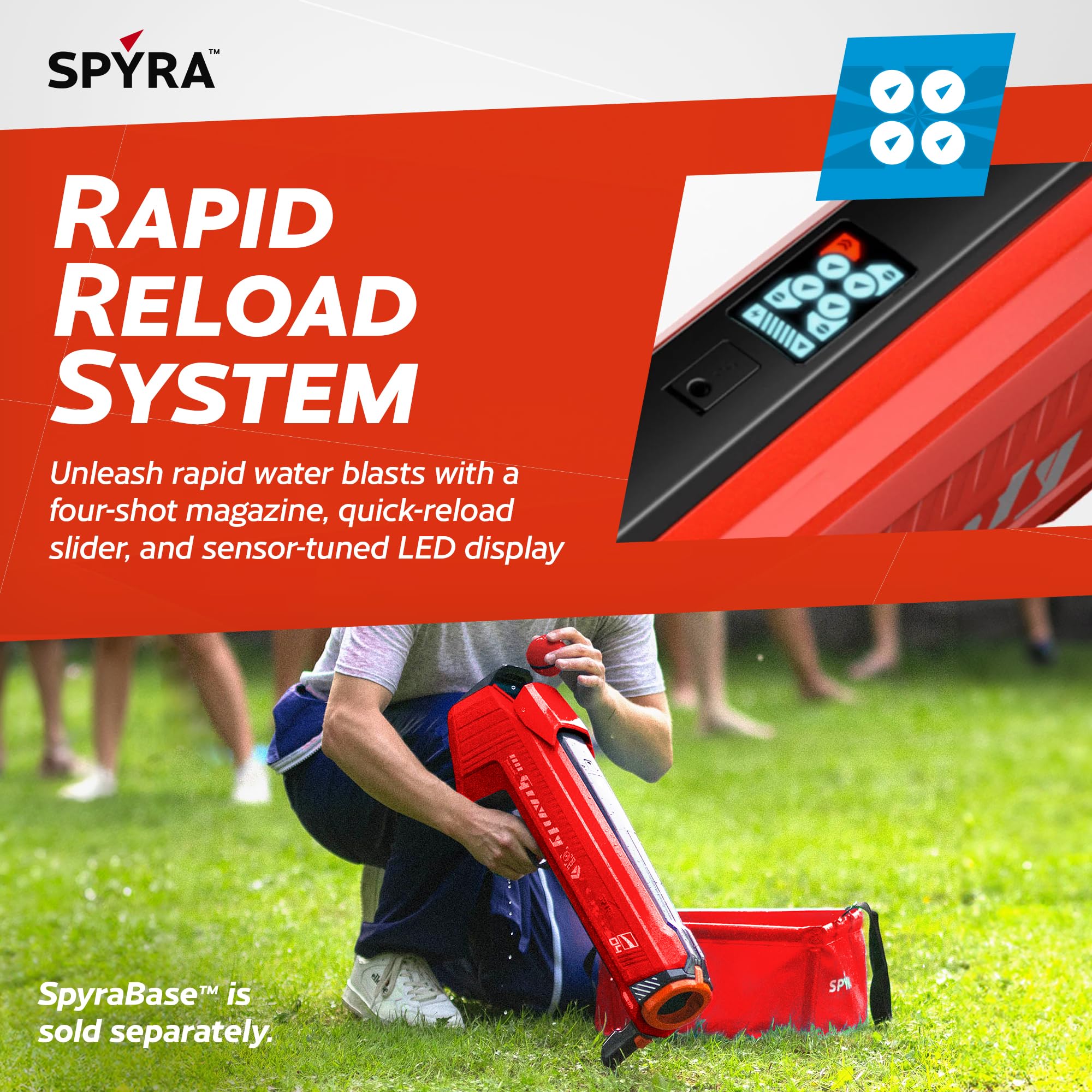 Spyra Gravity, potente lanciatore elettrico ad acqua, 4 bombe d'acqua riutilizzabili, indicatore a LED, distanza di 16 m, giocattolo per piscina estiva