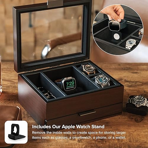 Miniatura 3 de Caja organizadora de 8 ranuras para hombres, acabado de nogal de madera de cerezo, vitrina de reloj, bandeja modular de valet, compatible con Apple