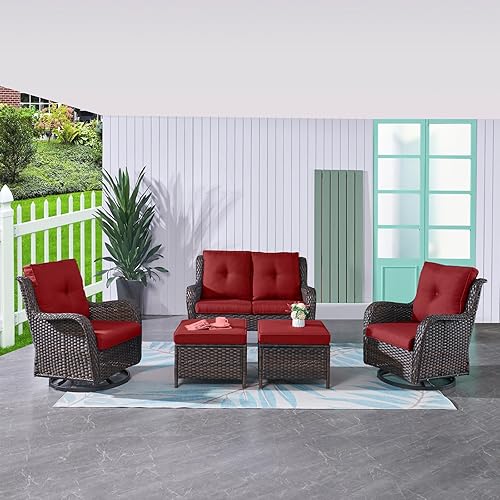 HUMMUH 5 Pieces Outdoor Furniture Patio Furniture Set Wicker Swivel Patio Chairs with 2 Seater Outdoor Sectional Sofa/Patio Loveseat with Ottomans