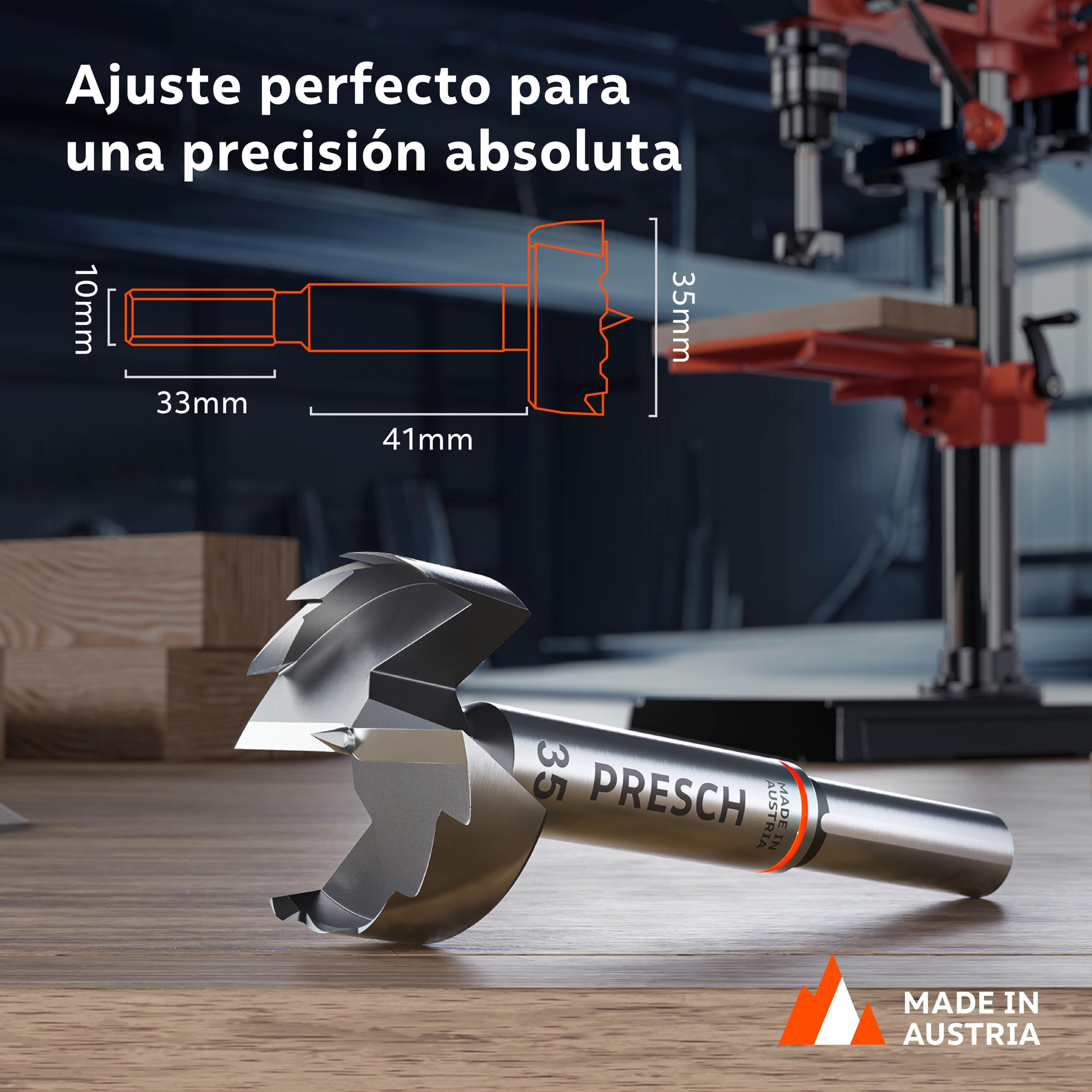 Presch Broca Forstner Ø 35mm - Broca para madera ultra afilada y duradera - Punta central de alta precisión para agujeros perfectamente redondos - Rendimiento fiable con vida útil optimizada
