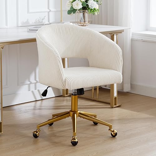 ABET Silla de escritorio con ruedas, silla de pana para oficina en casa, sillón giratorio con base dorada, sillas decorativas modernas tapizadas,