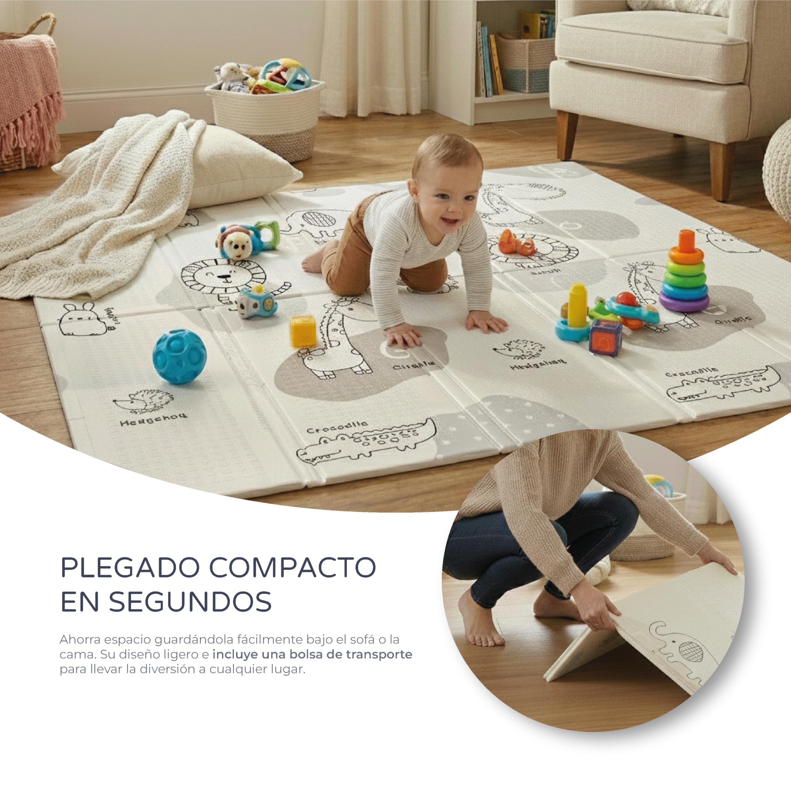 ms babyworld trendy - tappeto gioco per bambini - disponibile in 3 dimensioni a scelta - double-face, tappeto molto imbottito (1 cm) - con borsa per il trasporto. (Rhino/Coche, 180 * 120)