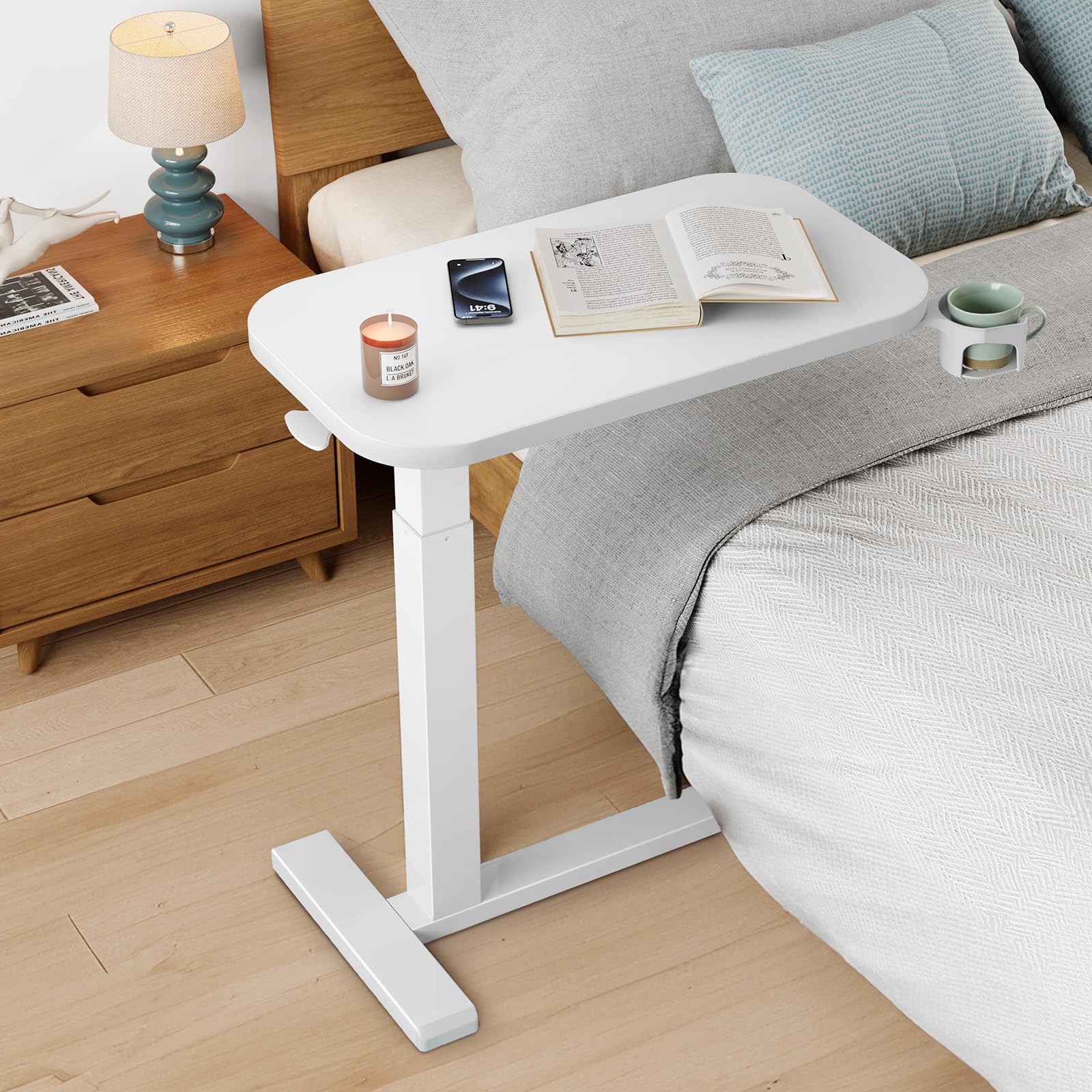 HUANUO Table d'Appoint à roulettes 70 x 40 cm, Petite Table d'appoint pneumatique Mobile pour Ordinateur Portable avec Porte-gobelet, idéale pour Le télétravail