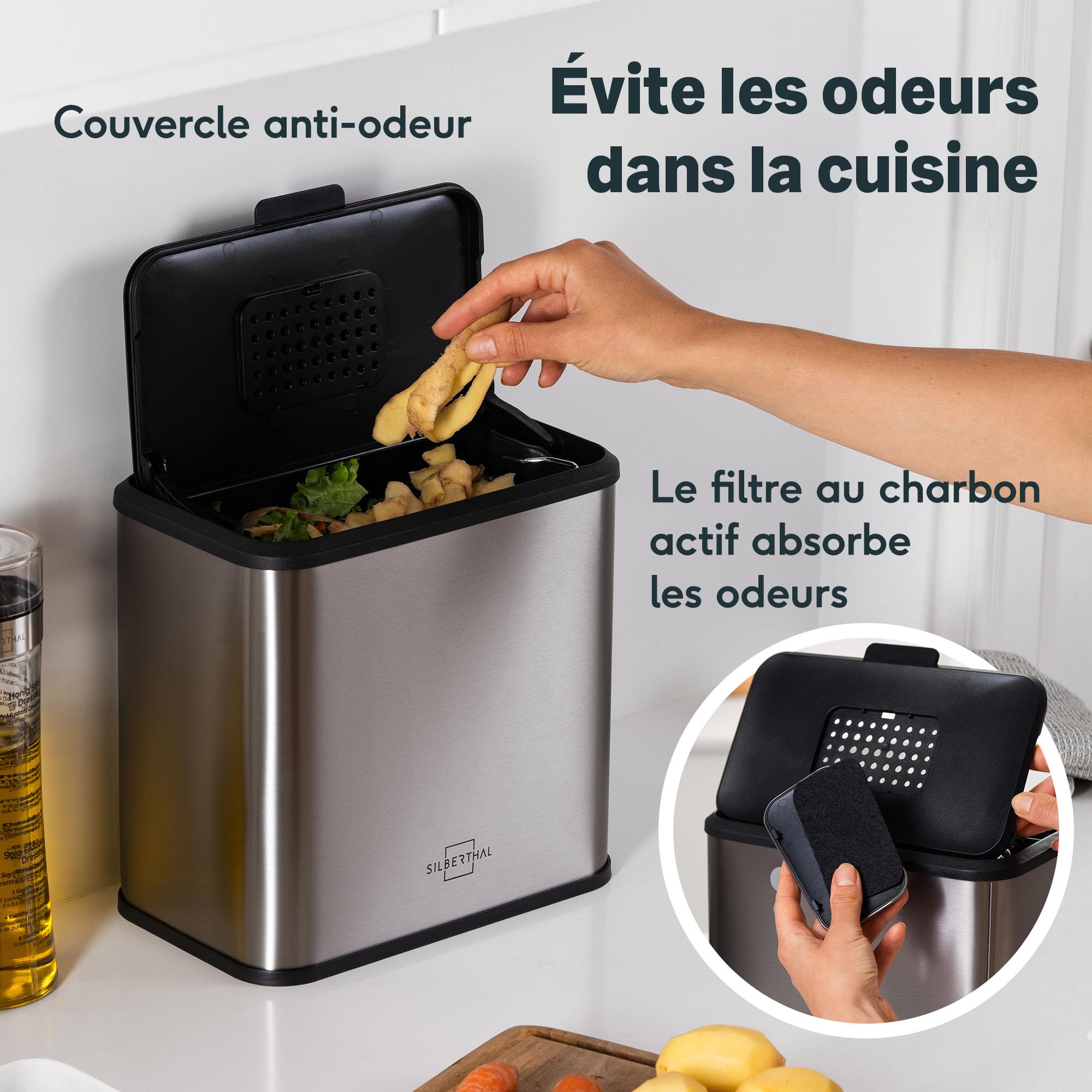 SILBERTHAL Petite Poubelle de Table INOX 4L - Bac à Compost | 4 filtres inclus, avec couvercle, sans odeur ni insectes