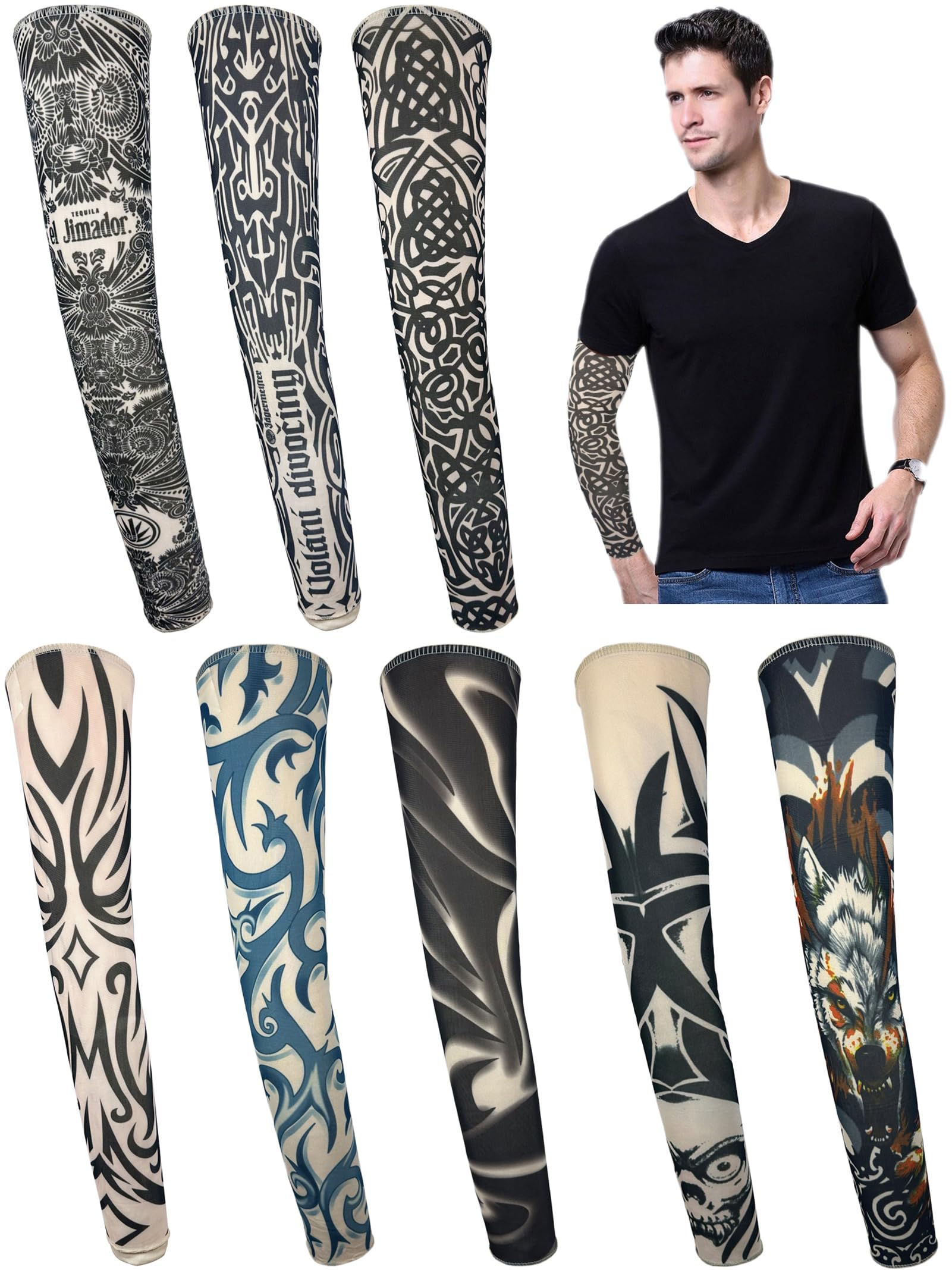 Fake Tattoo Sleeves for Men, 8 Pcs UV Protection Cooling Temporary Arm Buddha Dragon Flower Monster Tribal Sleeves