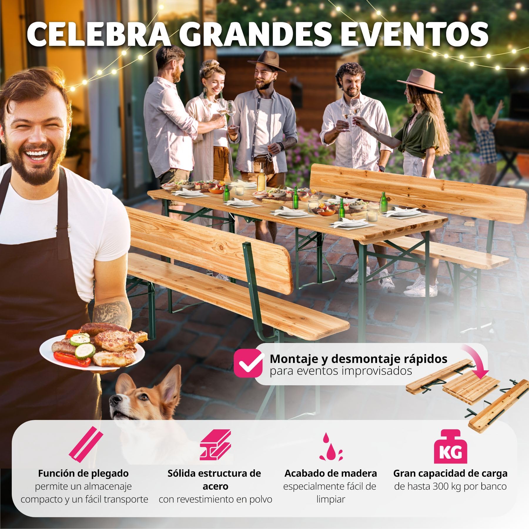 tectake® Conjunto Jardín Exterior, Mesa y 2 Bancos Madera de Abeto Barnizada, Plegables, Estables y Resistentes, Respaldo Extraíble, Fácil Almacenamiento y Transporte, Ideal Camping, Terraza, Picnic