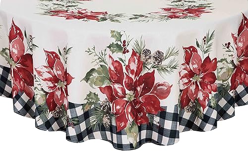 Miniatura 3 de Newbridge Mantel de tela navideña con borde de cuadros de Pascua festivo, fácil cuidado, mantel de liberación de manchas, 70 pulgadas, redondo