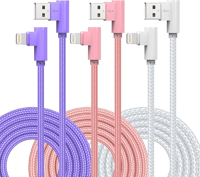 iPhone Charger Cable 2.8M 90 Degree Lightning Cable [Apple MFi Certified] 3 Pack Long iPhone Charging Cable Right Angle Nylon Braided iPhone Cord Compatible with iPhone14/13/12/11/XS/X/8/7/iPad/iPod
