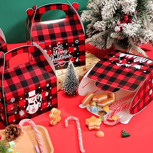 Miniatura 4 de TaoBary 24 cajas de galletas de Navidad, cajas de dulces a cuadros de Navidad con asas, cartón 3D, bolsa de regalo de Navidad con impresión vibrante