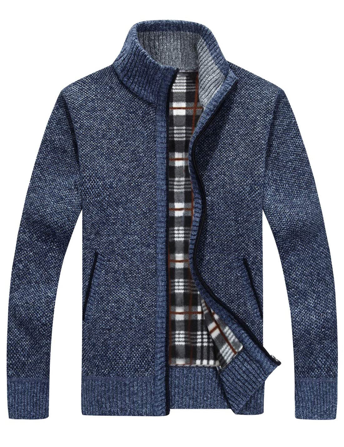 Sukany Men's Casual Stand Collar Cardigans Slim Fit Full Zip Thick Knit Sweaters with Pockets Blue XL