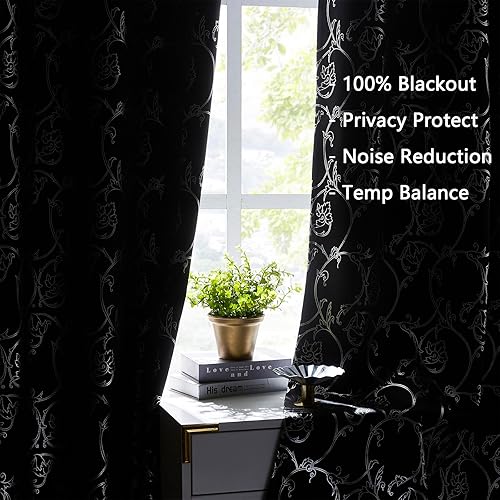 Miniatura 4 de Enactex Cortinas opacas de 95 pulgadas de largo para sala de estar, cortinas de oscurecimiento de habitación con ojales y patrón floral plateado,
