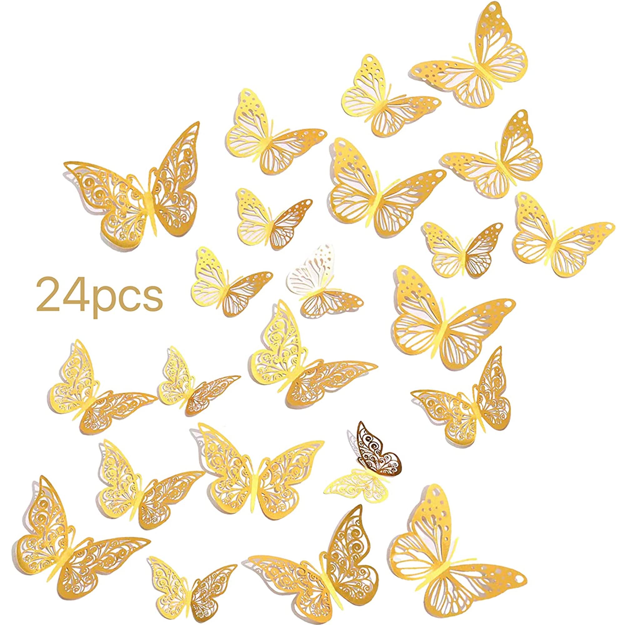 Sulfar 24pcs 3D Gold Butterfly Wall Stickers | 3 Sizes, 2 Styles | Decorations for Party, Birthday, Cake, Crafts & Room Decor | Removable Wall Decals | Pack of 24