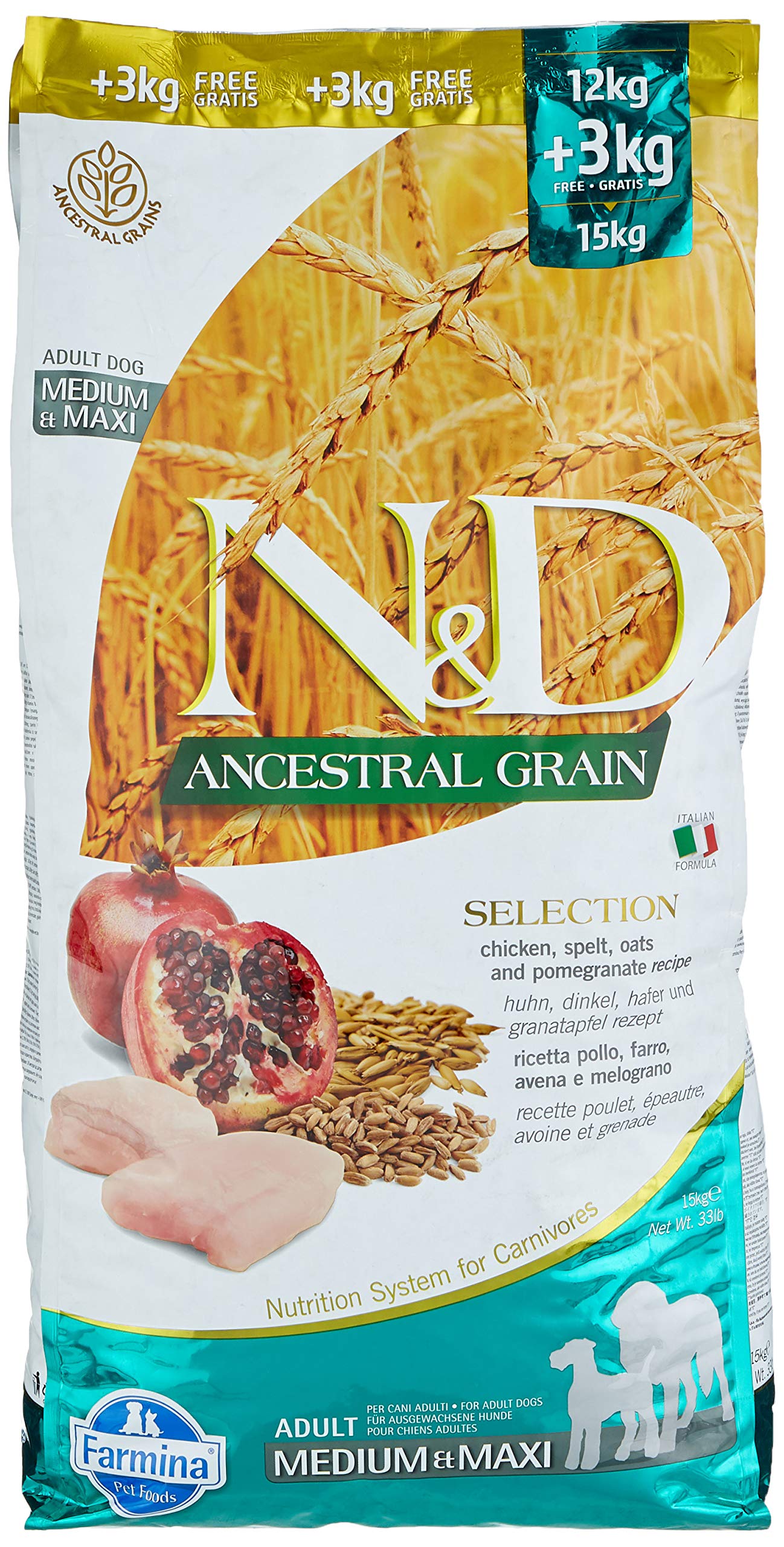 Farmina N&D ANCESTRAL GRAIN Pellets Hundefutter (Trockenfutter, mit hochwertigen Vitaminen und natürliche Antioxidantien, ohne Mais, Zutaten: Huhn, Dinkel, Hafer und Granatapfel, Portionsgröße: 15 kg)