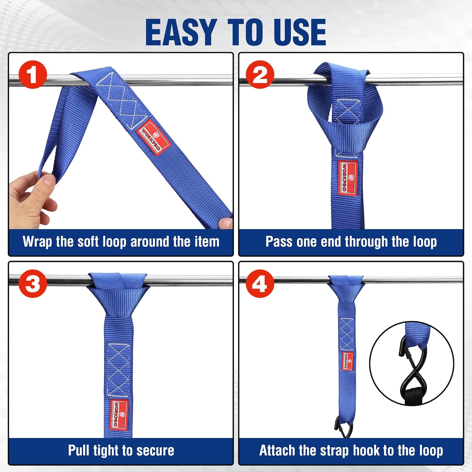 WORKPRO Soft Loop Tie Down Straps (4-Pack), 1.6" x 17", 5000 lbs Breaking Strength, Heavy Duty with Soft Loop Ends for Securing Motorcycles, ATVs, UTVs, Kayaks, Dirt Bikes - Blue