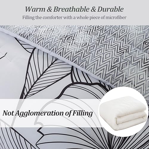 Miniatura 4 de Juego de edredón de cama en una bolsa, tamaño King con patrón de flores negras sobre blanco, 7 piezas, diseño de flores de línea con juego de