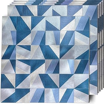 Peel and Stick Backsplash Tile,Aluminum Composite 3D Wall Design Home D�cor Sticker Panel Waterproof Fireproof Oil-Proof(Blue Geometric Puzzle,5-Sheets)
