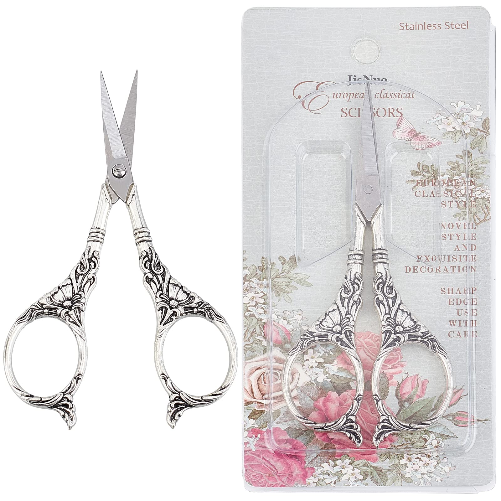 SUNNYCLUE 1 Piece Flower Embroidery Scissors, European Embroidery Scissors, Floral Pattern, Classic, Silver, Antique, Tibetan Style, Romantic, Vintage Scissors, Antique Scissors, Handmade, Craft : Hob