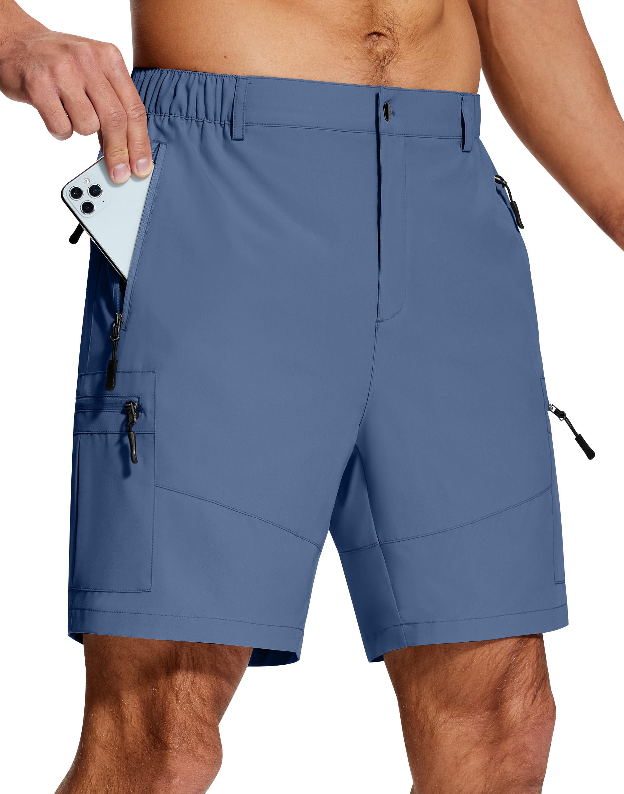 Mens Hiking Cargo Shorts 7" Inseam 6 Zipper Pockets Stretch Quick Dry Lightweight Short for Golf Casual Fishing Work, Dark Blue, L