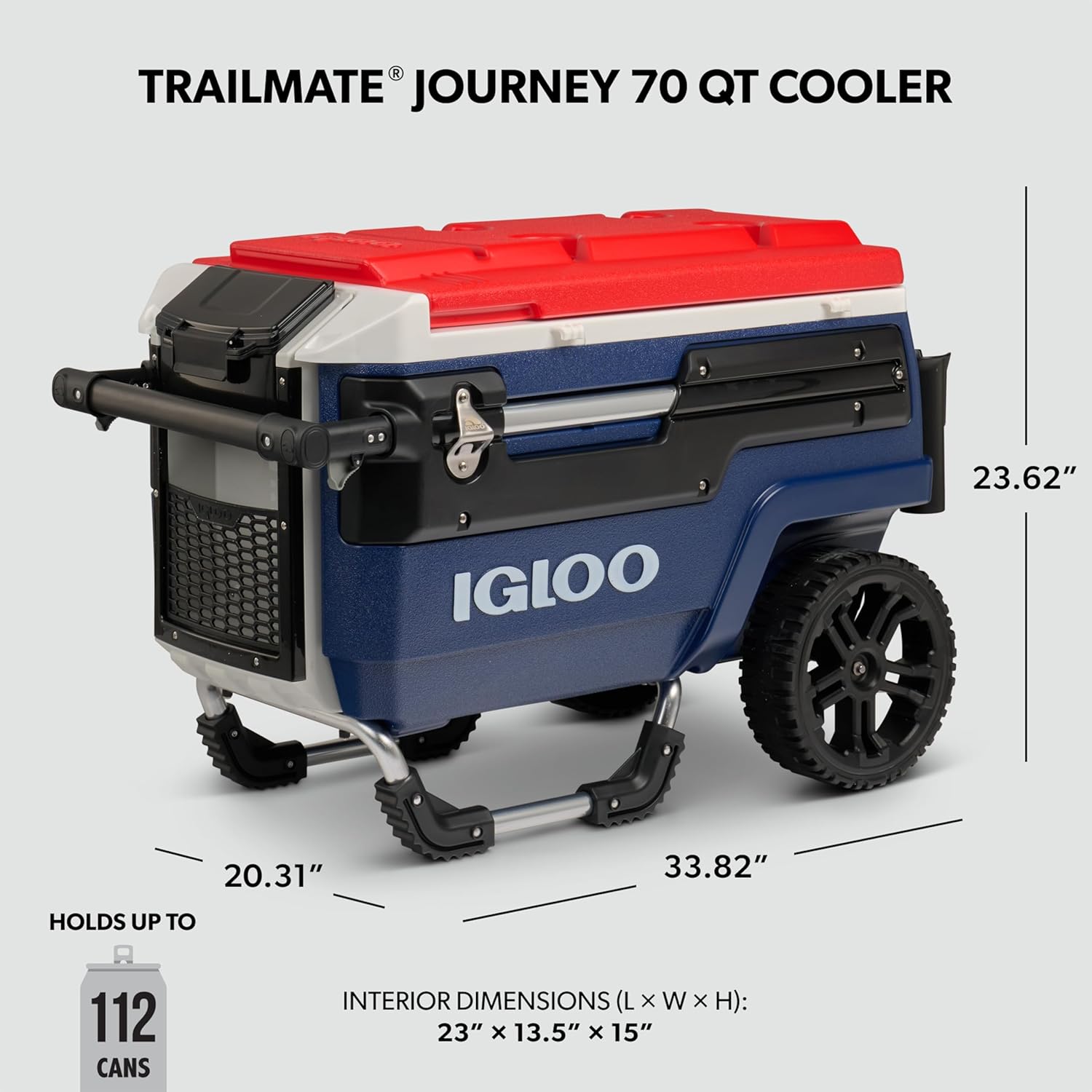 Ön view of the Igloo Trailmate Journey cooler with dimensions labeled.