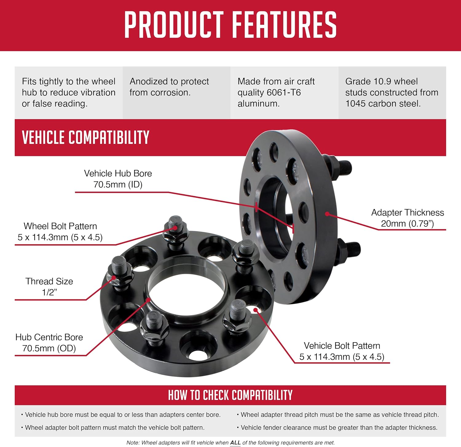 Wheel Accessories Parts 2 Pc Hub Centric Wheel Spacers Adapters 5x4.5 5x114.3 20mm Thick 1/2-20 Thread Stud Fits Ford Mustang 1994 to 2014