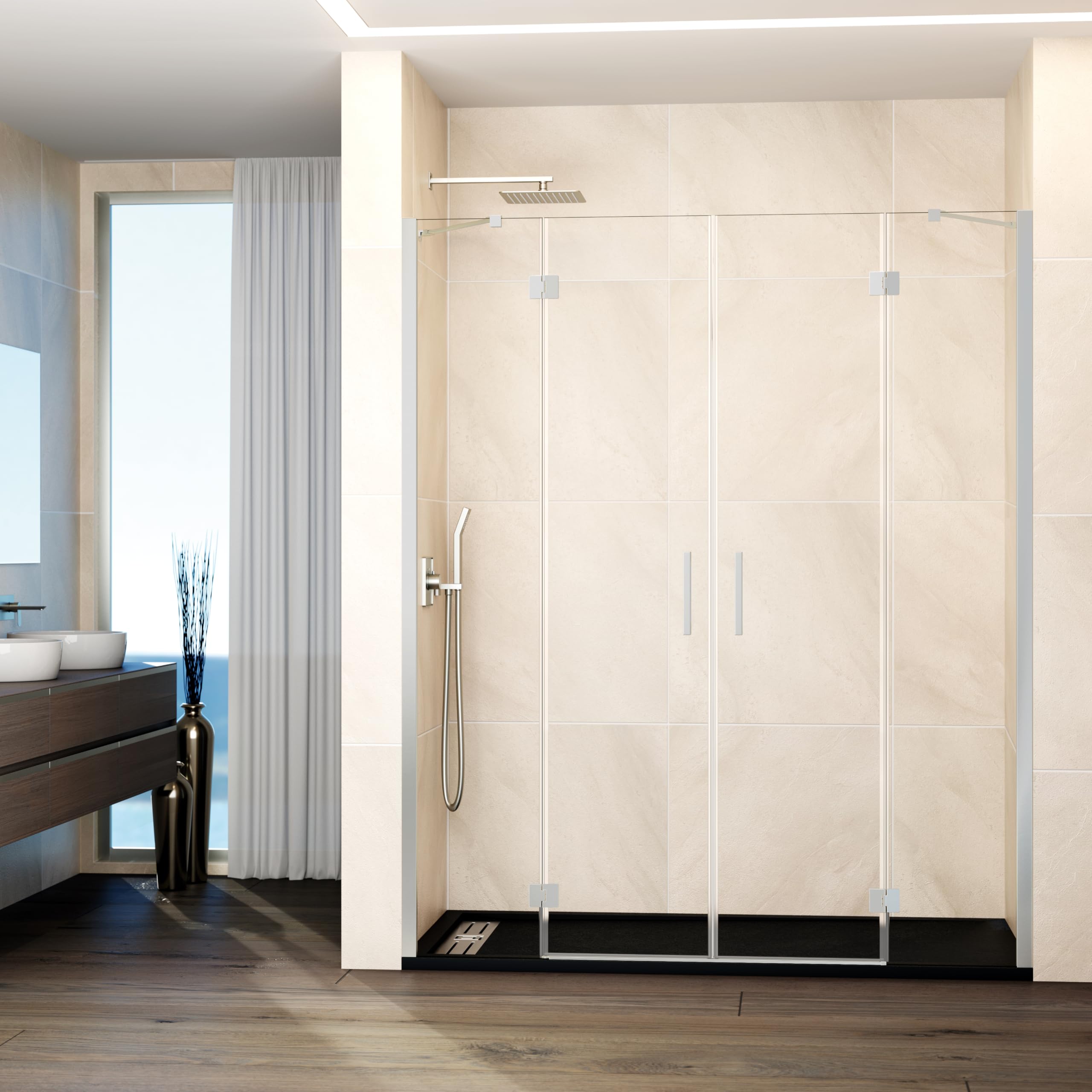 GME - Mampara Ducha Frontal 2 Puertas Fijas + 2 Correderas 165cm Níquel | Mampara de Cristal con Perfilería de Aluminio y 195cm de Altura | Cristal Templado 6mm Antical Y Cierre Magnético