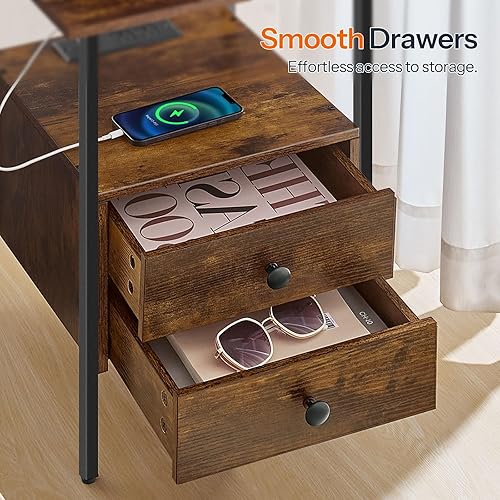 Miniatura 31 de HOOBRO Mesa auxiliar con estación de carga, mesita de noche con 2 cajones, puertos USB y tomas de corriente, mesita de noche para espacios pequeños,