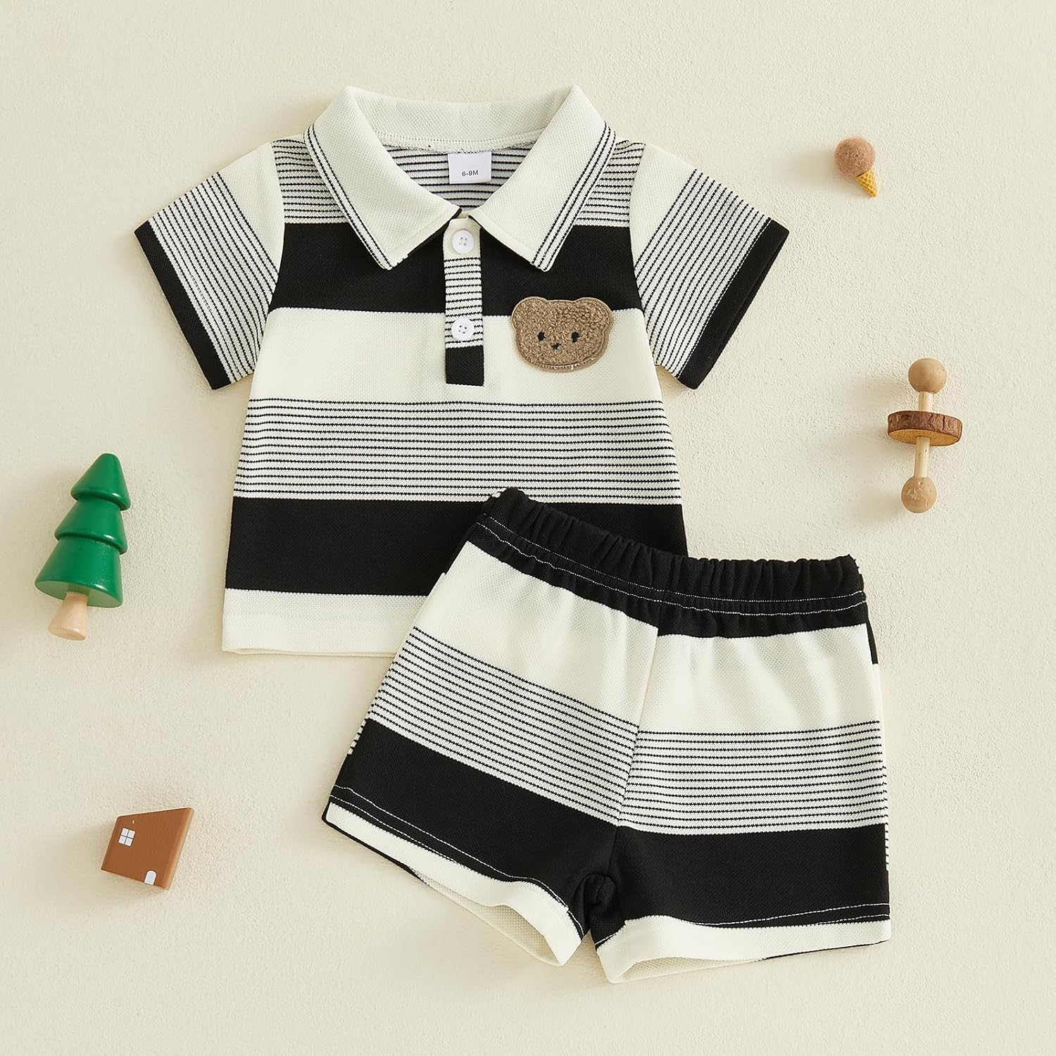 Toddler Baby Boy Summer 2 Piece Bear Outfits Color Block Striped Short Sleeve Button Collared Shirt Shorts Set